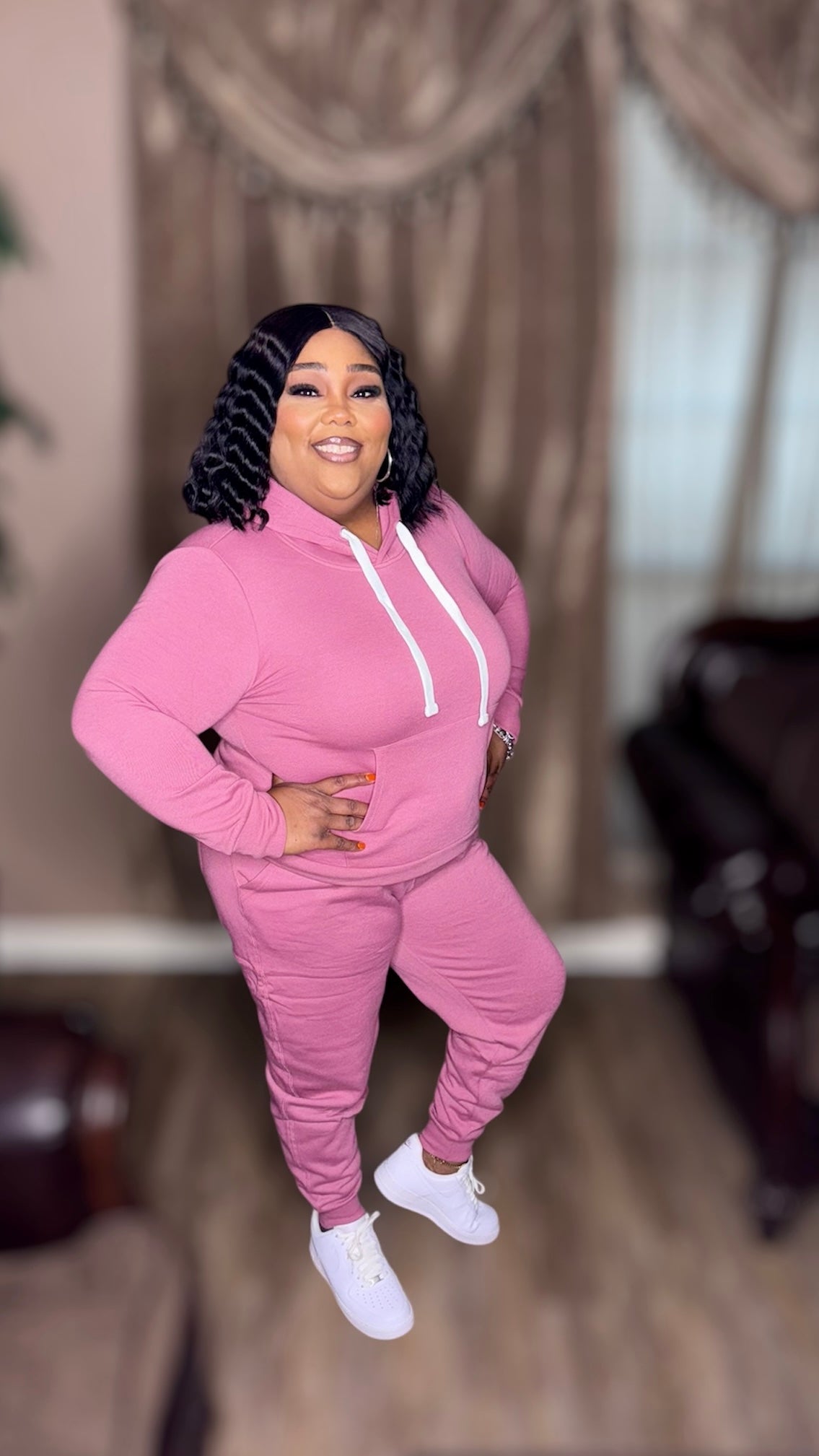 Pink Fleece Pullover Hoodie Set (Kurvy)