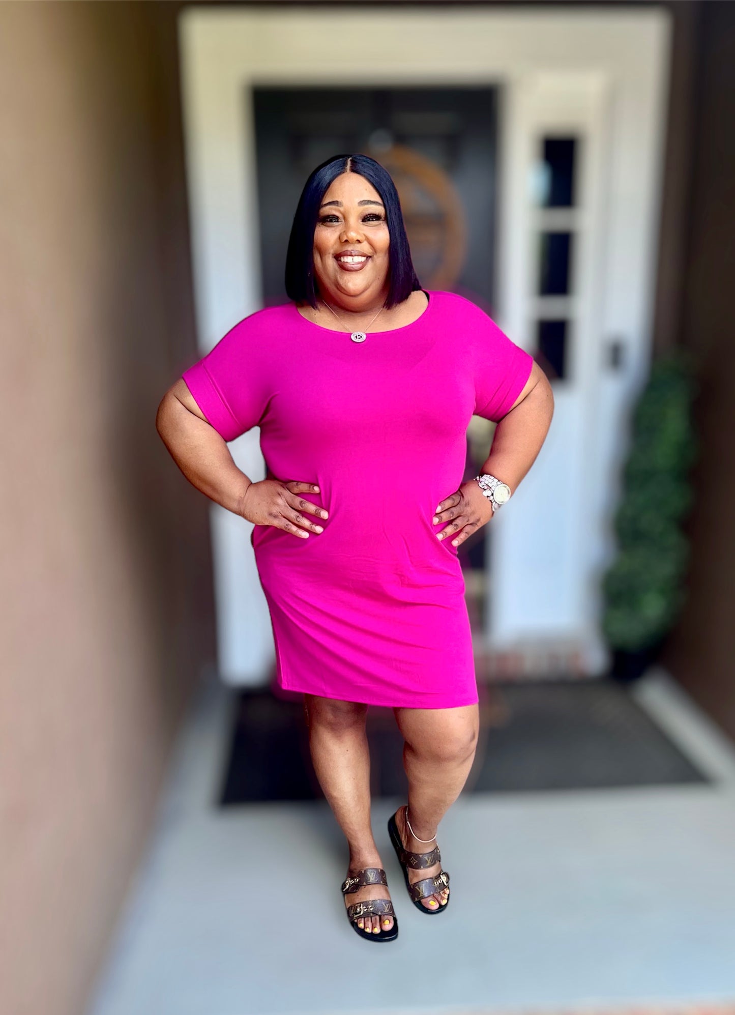 Magenta Rolled Sleeve Round Neck Dress (Regular)