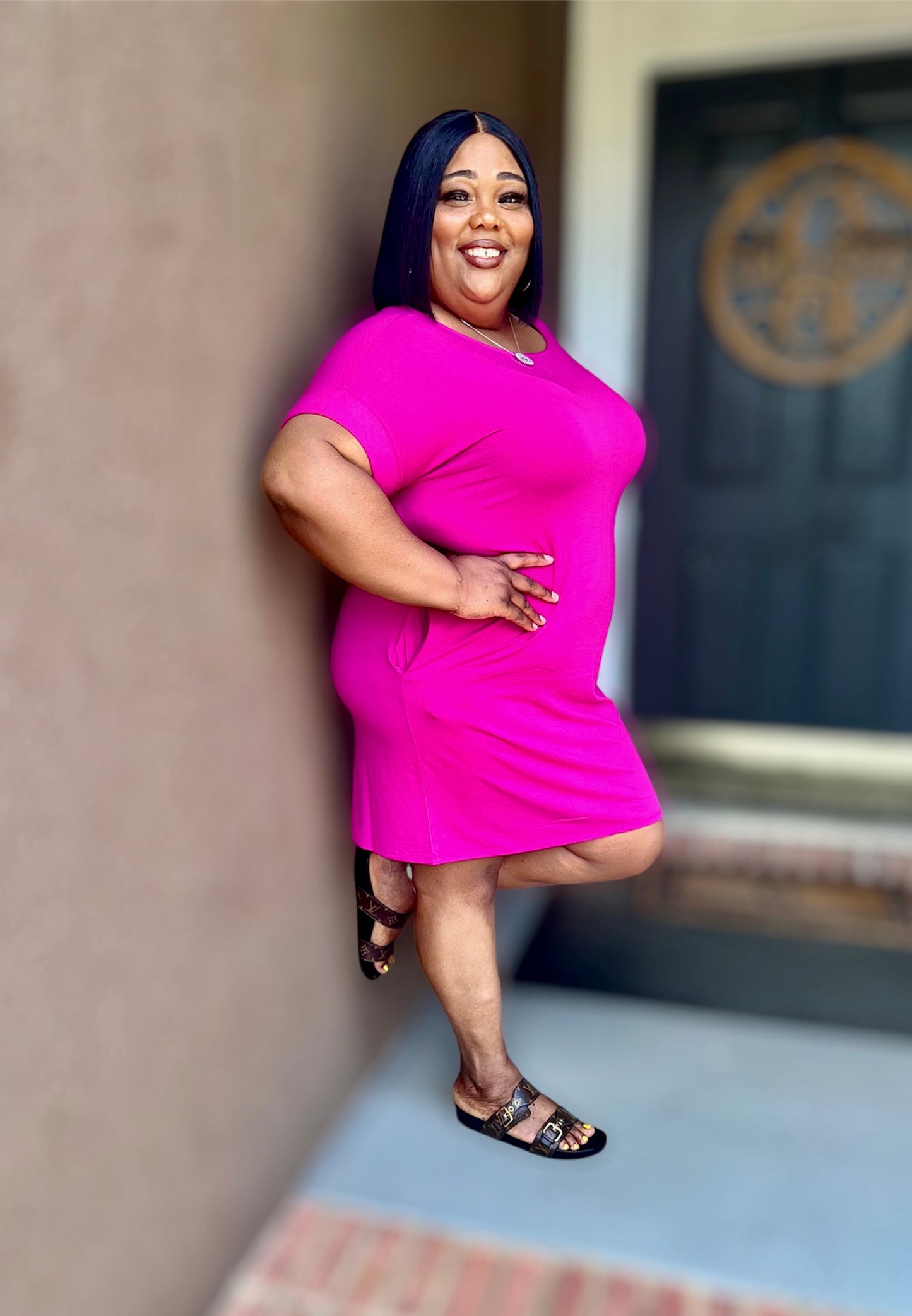Magenta Rolled Sleeve Round Neck Dress (Regular)