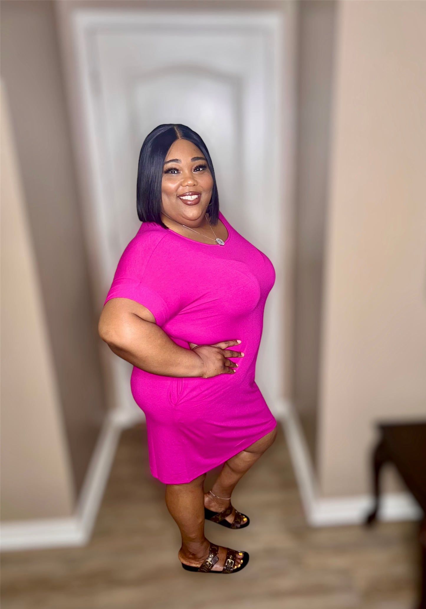 Magenta Rolled Sleeve Round Neck Dress (Regular)