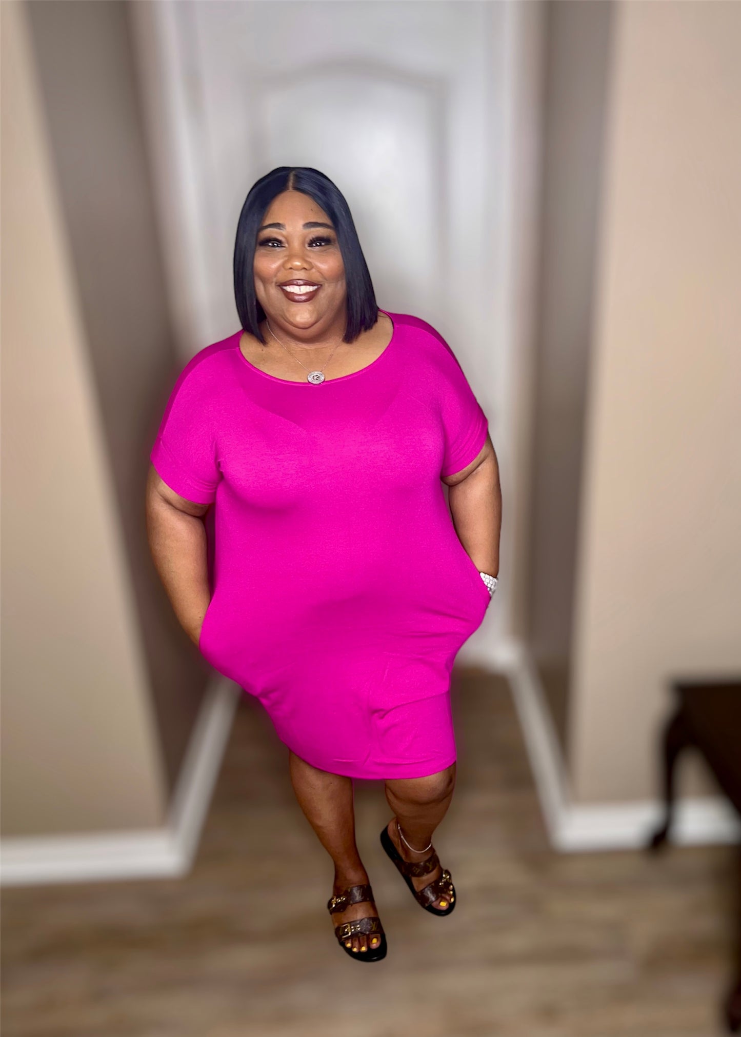 Magenta Rolled Sleeve Round Neck Dress (Regular)