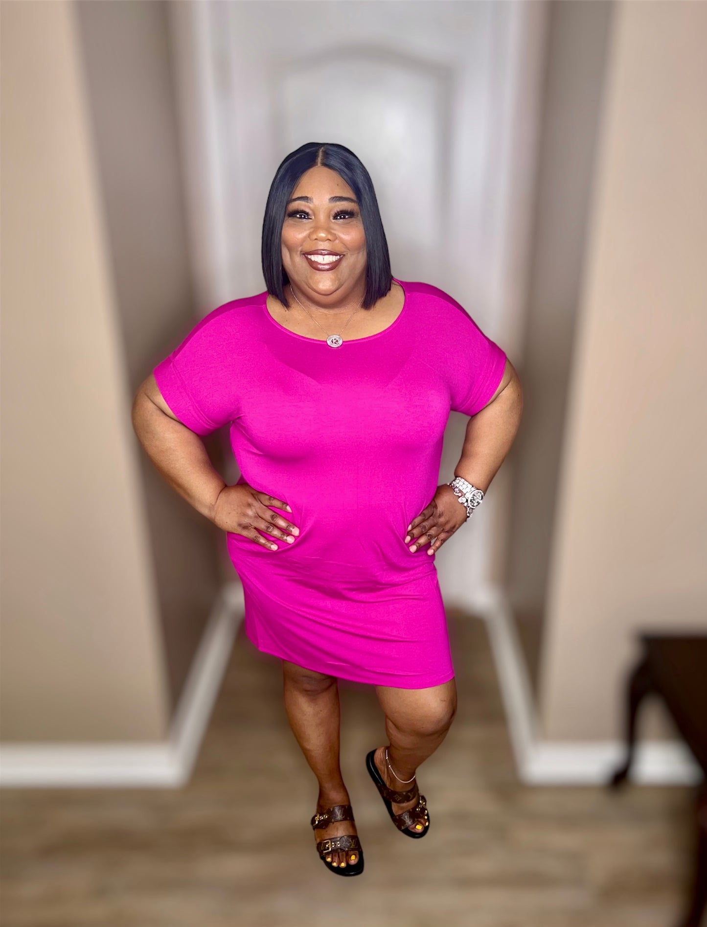 Magenta Rolled Sleeve Round Neck Dress (Regular)