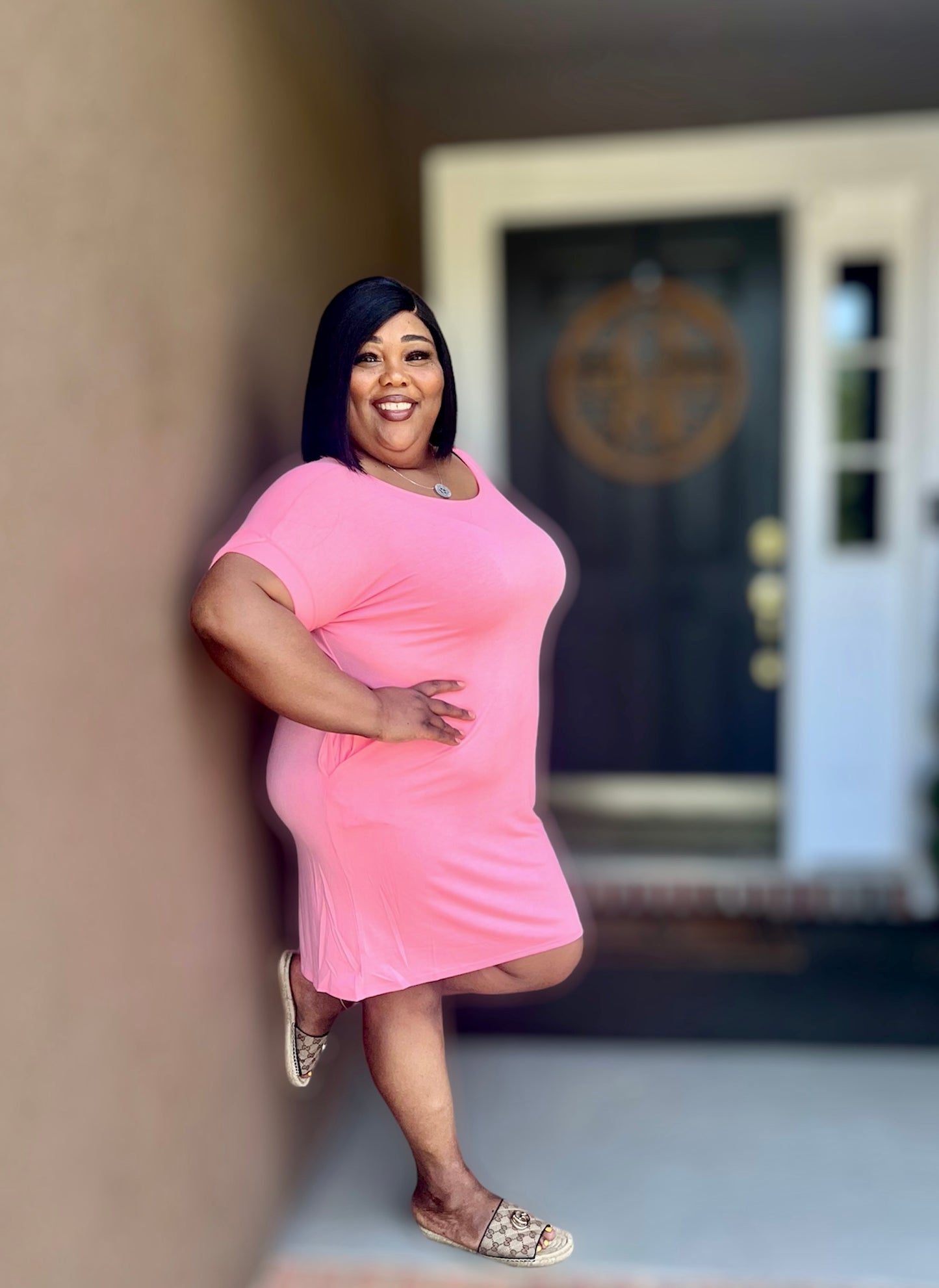 Bright Pink Rolled Sleeve Round Neck Dress (Regular)