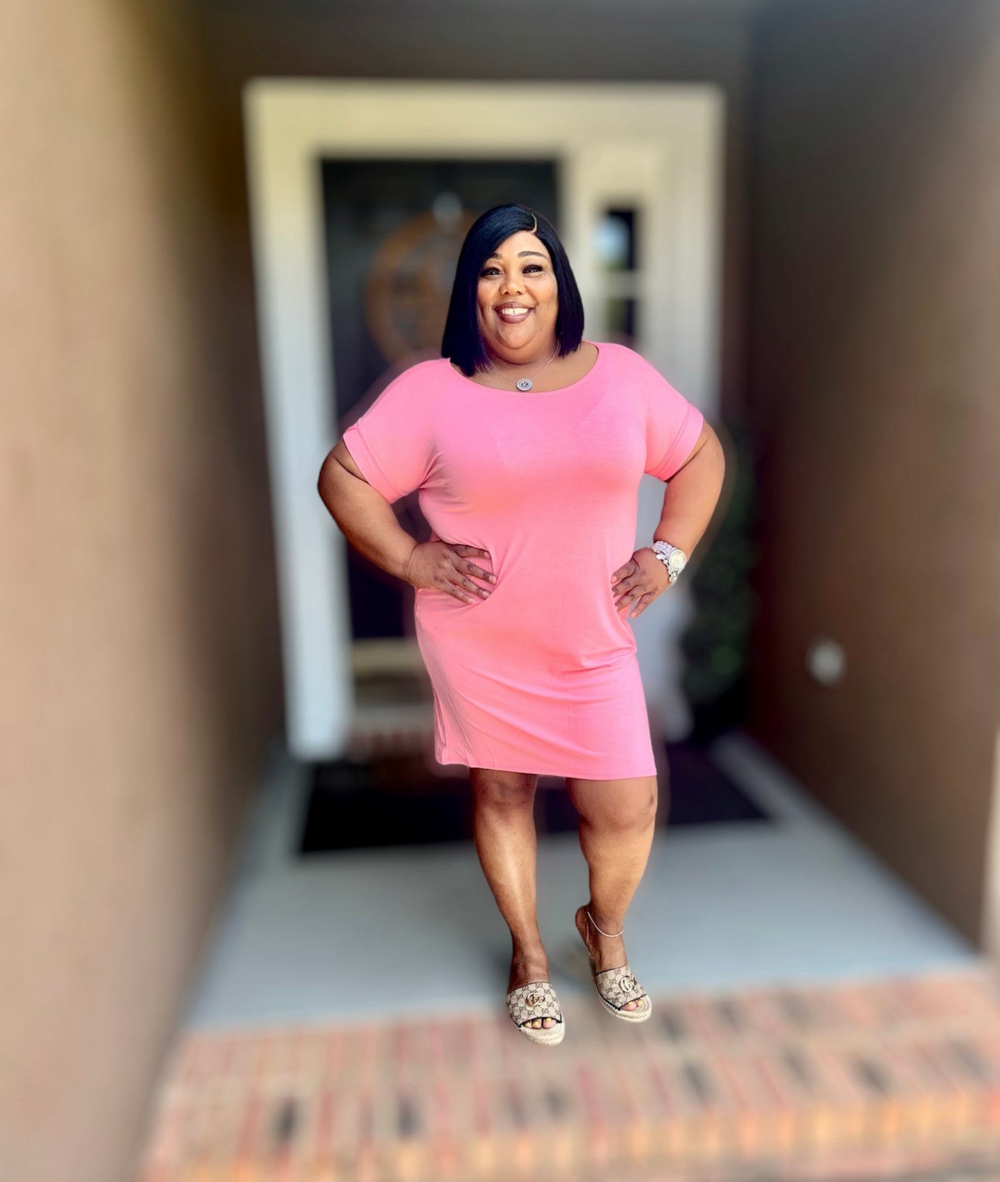 Bright Pink Rolled Sleeve Round Neck Dress (Regular)