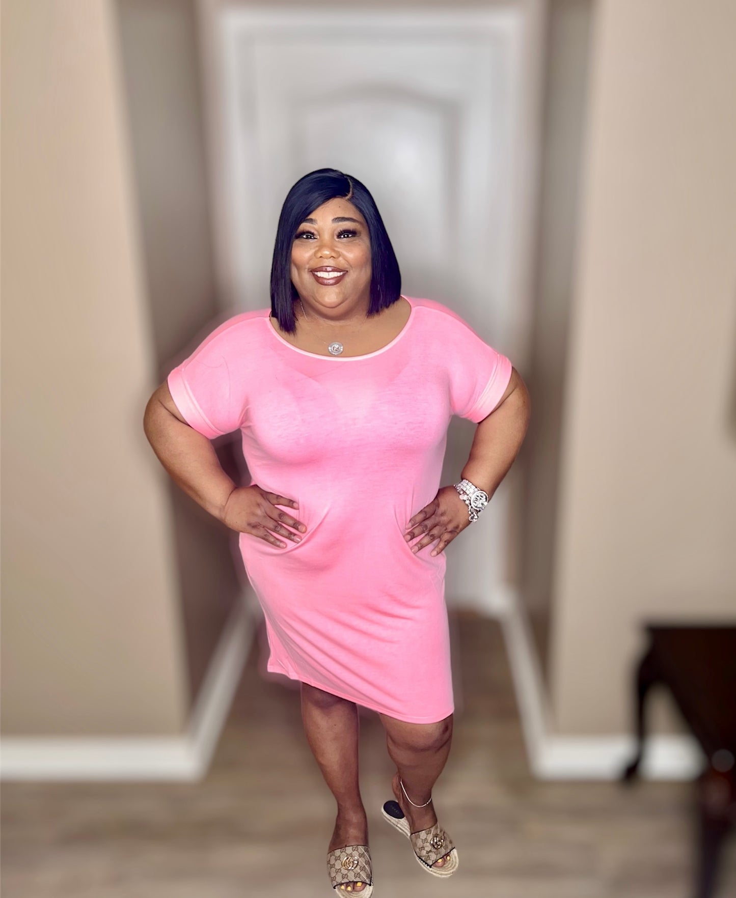 Bright Pink Rolled Sleeve Round Neck Dress (Regular)
