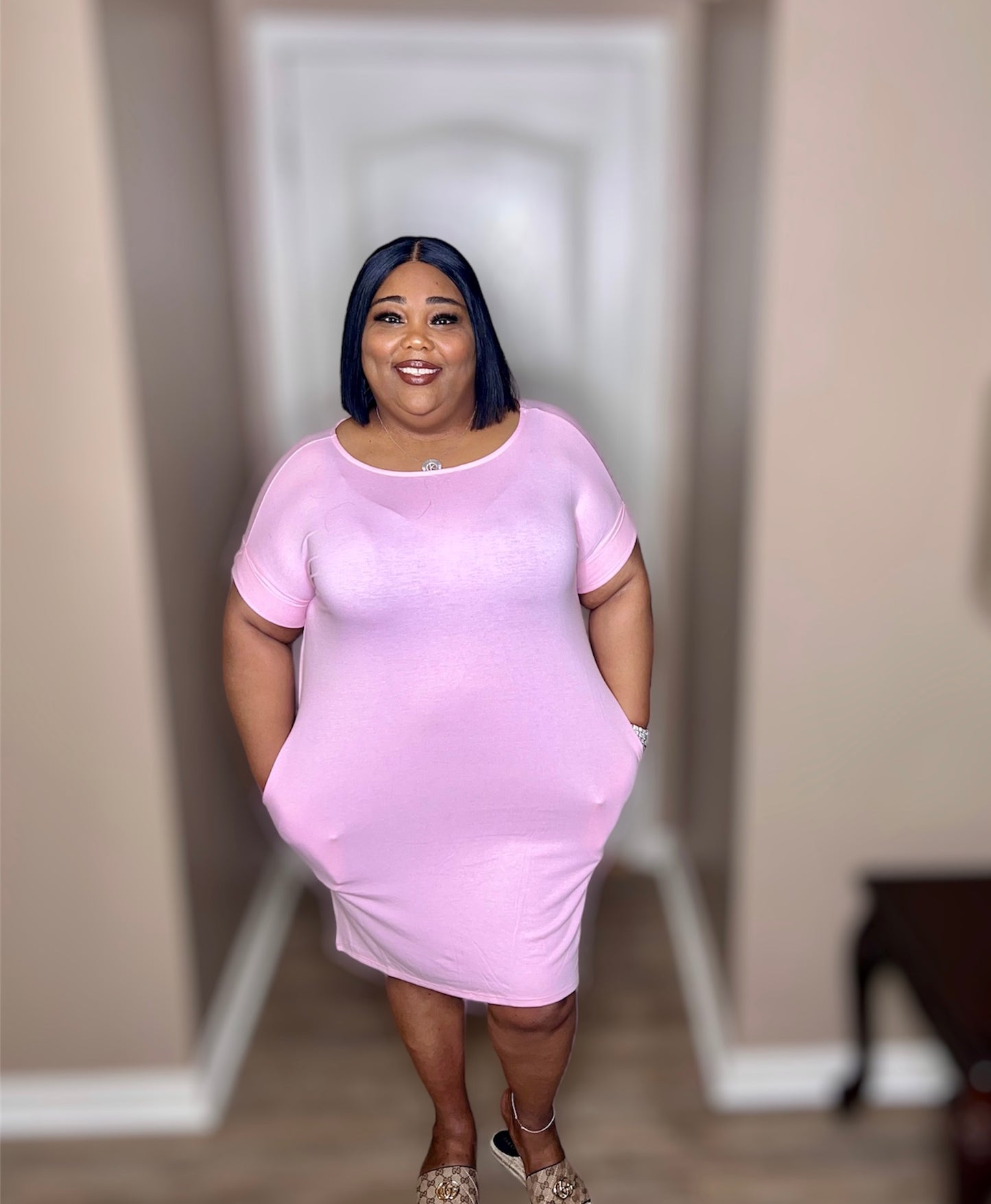 Dusty Pink Rolled Sleeve Round Neck Tee Dress (Kurvy)