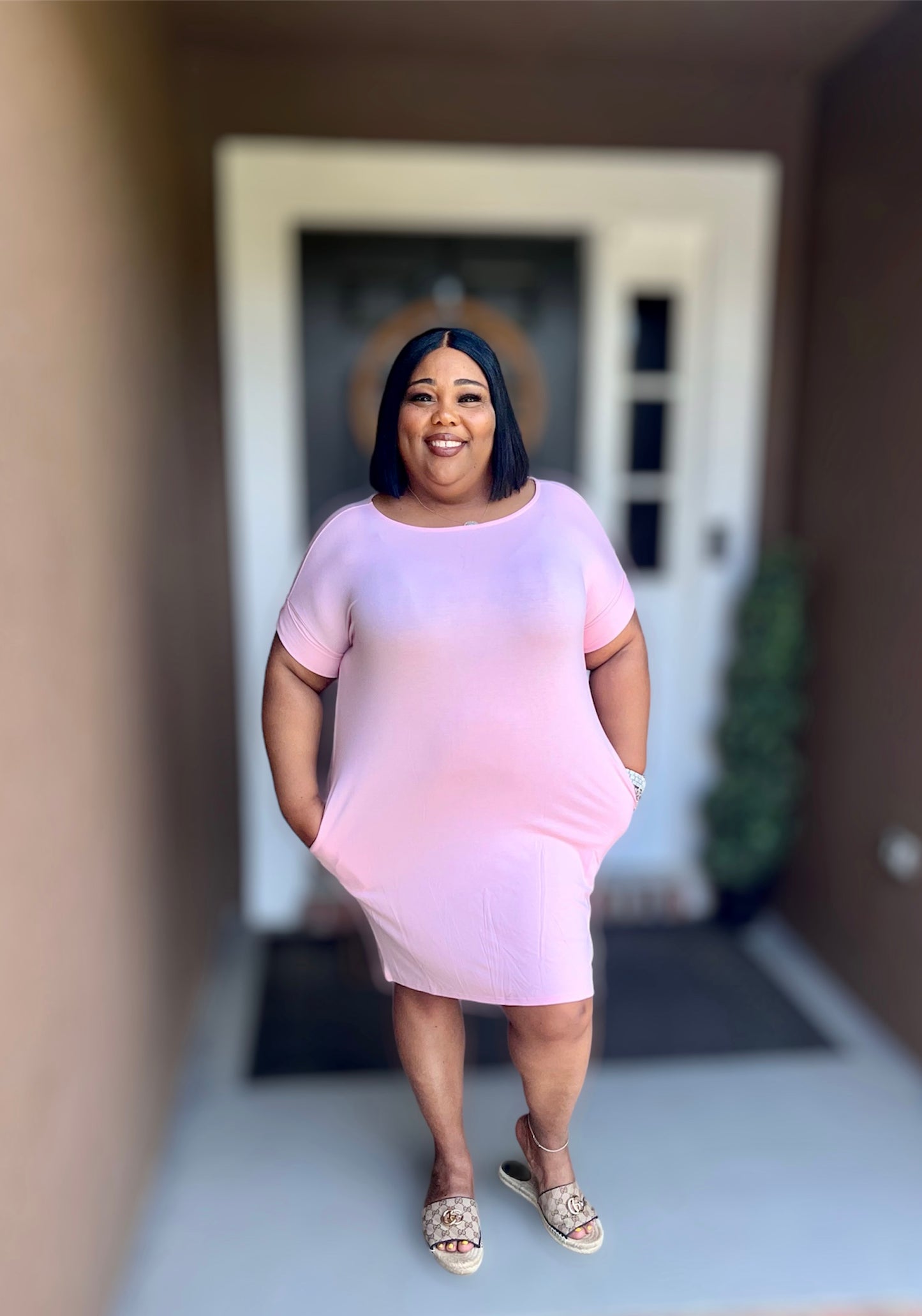 Dusty Pink Rolled Sleeve Round Neck Tee Dress (Kurvy)