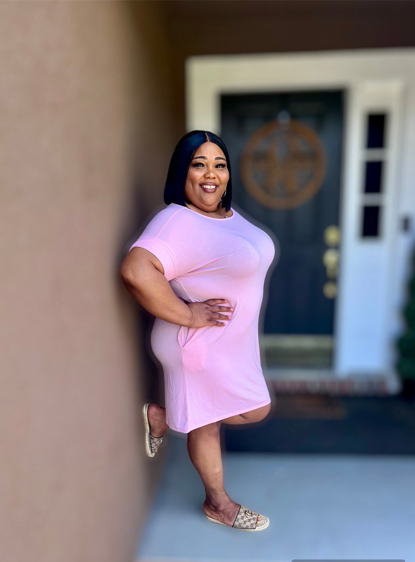 Dusty Pink Rolled Sleeve Round Neck Tee Dress (Kurvy)