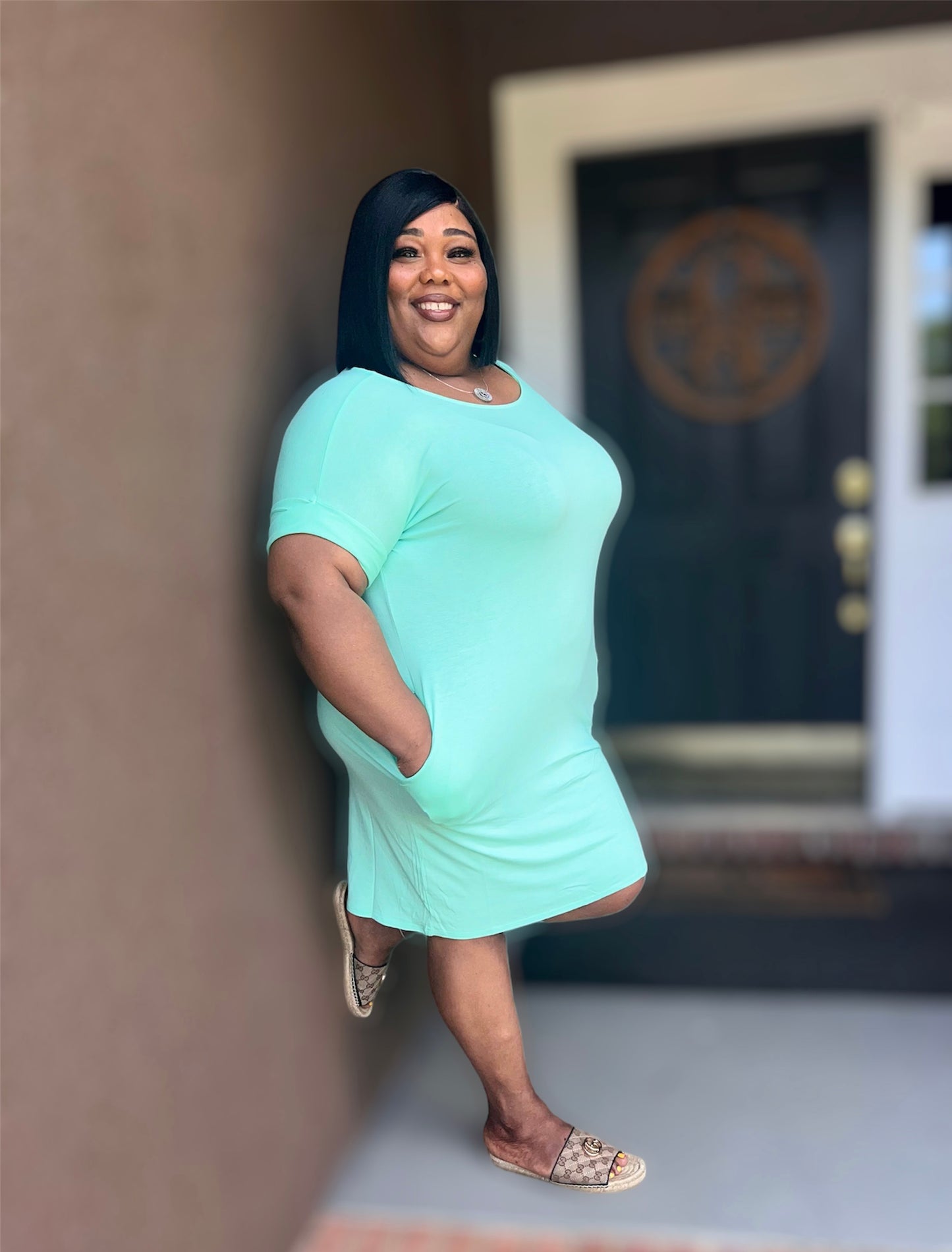 Green Mint Rolled Sleeve Round Neck Dress (Regular)