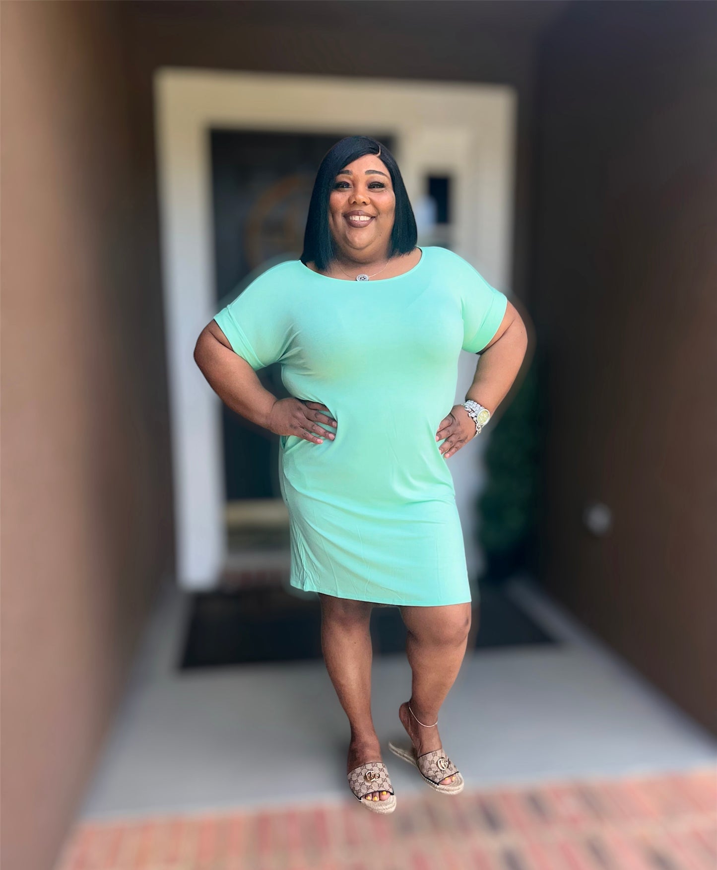 Green Mint Rolled Sleeve Round Neck Dress (Regular)