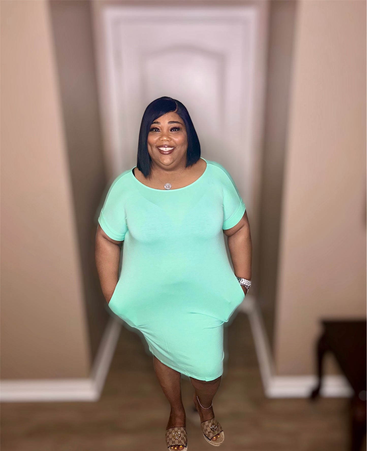 Green Mint Rolled Sleeve Round Neck Dress (Regular)