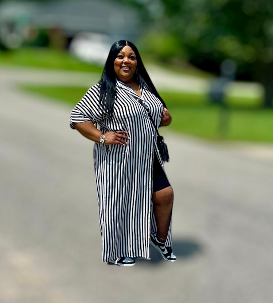 Black Striped Button-Down Woven Shirt Dress (Kurvy)
