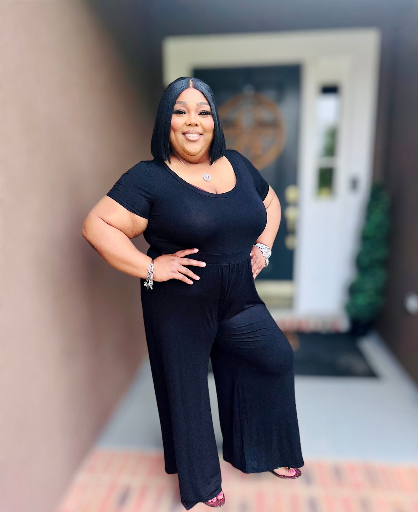 Black High Waist Wide Leg Flair Jumpsuit (Kurvy)