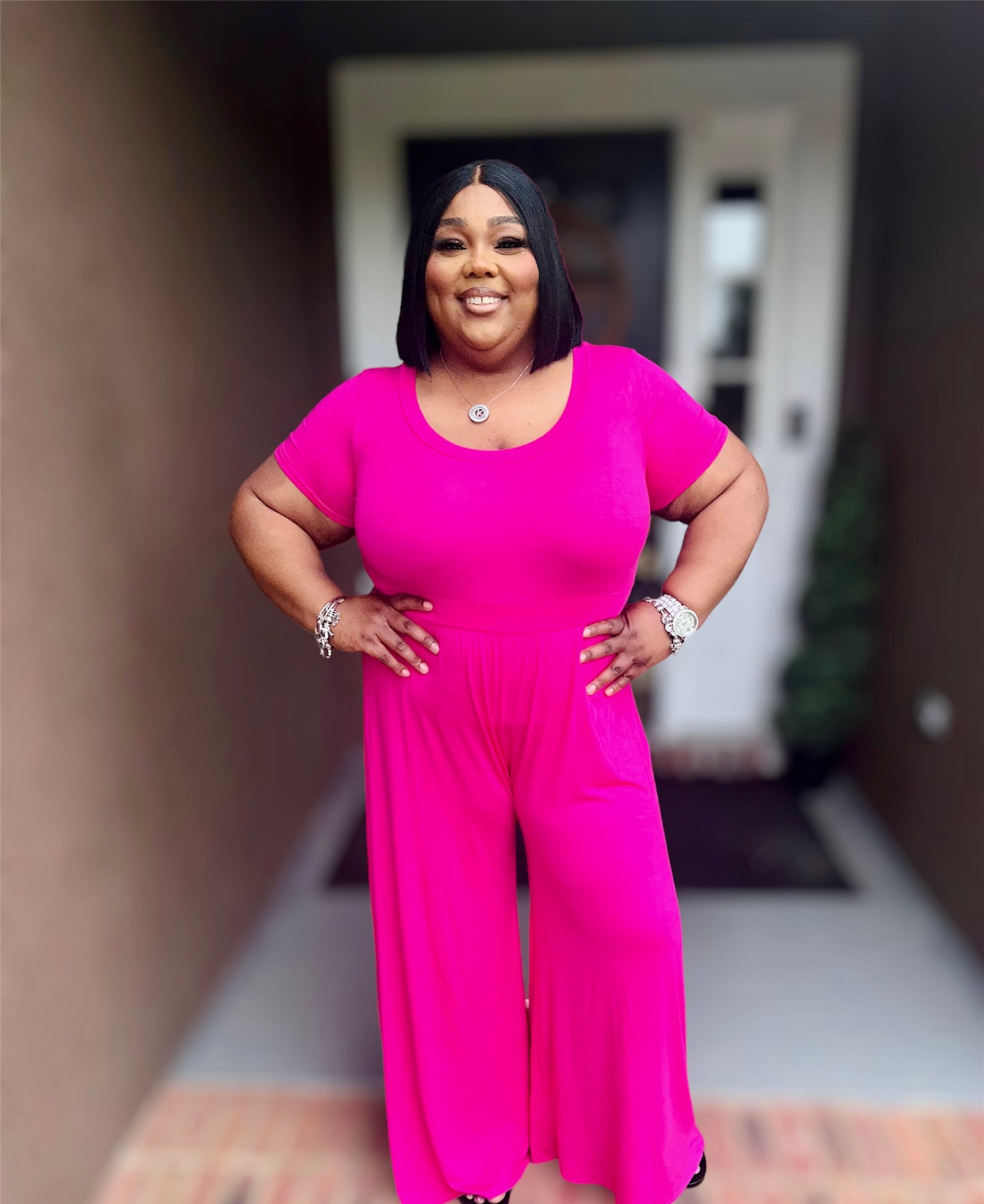 Pink High Waist Wide Leg Flair Jumpsuit (Kurvy)