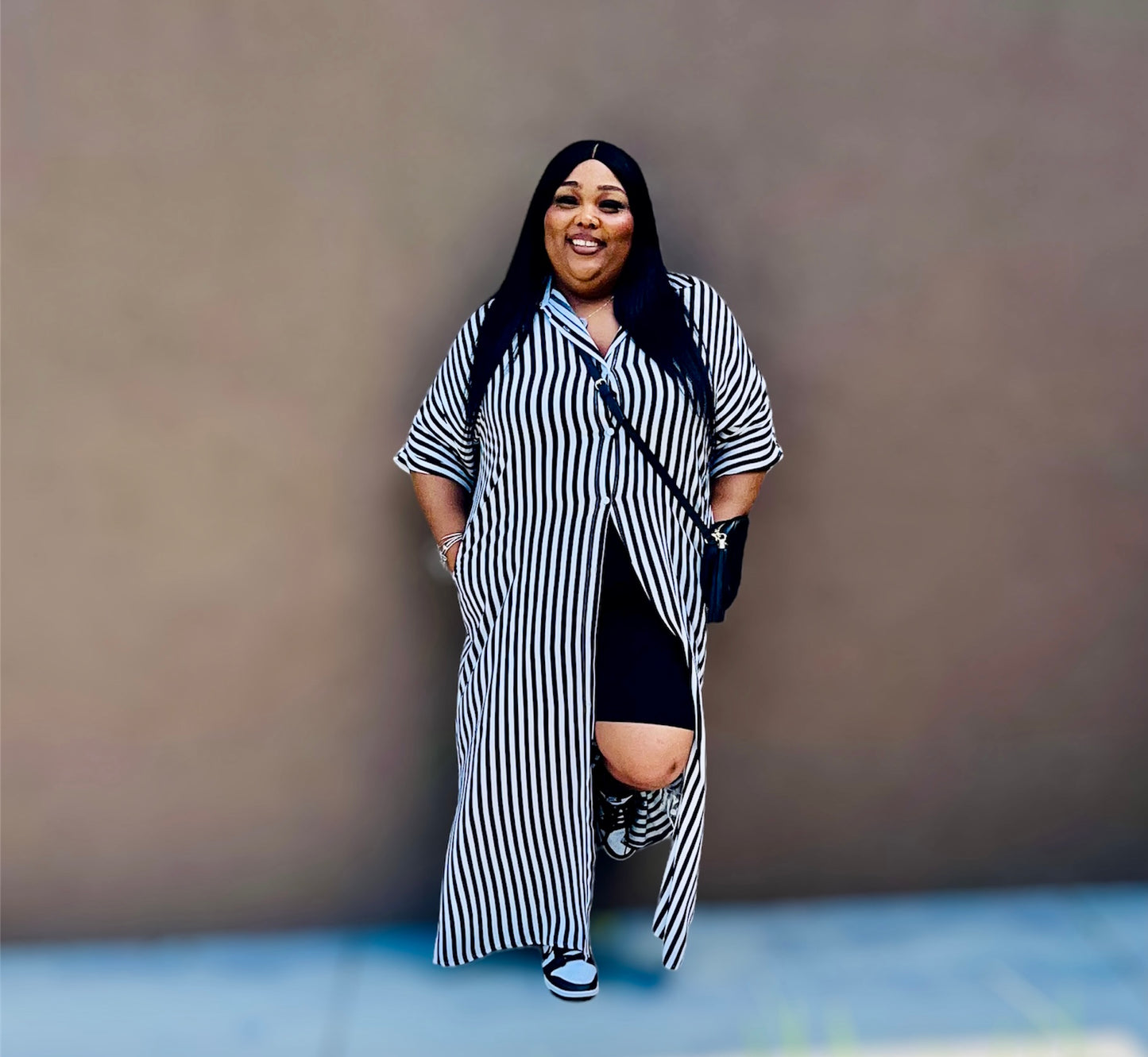 Black Striped Button-Down Woven Shirt Dress (Kurvy)