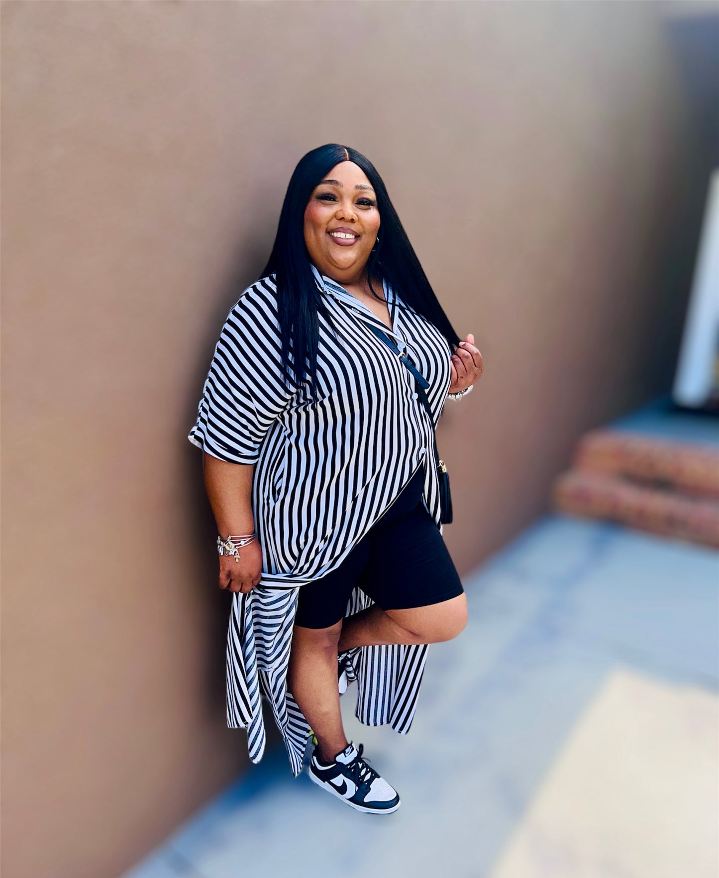 Black Striped Button-Down Woven Shirt Dress (Kurvy)