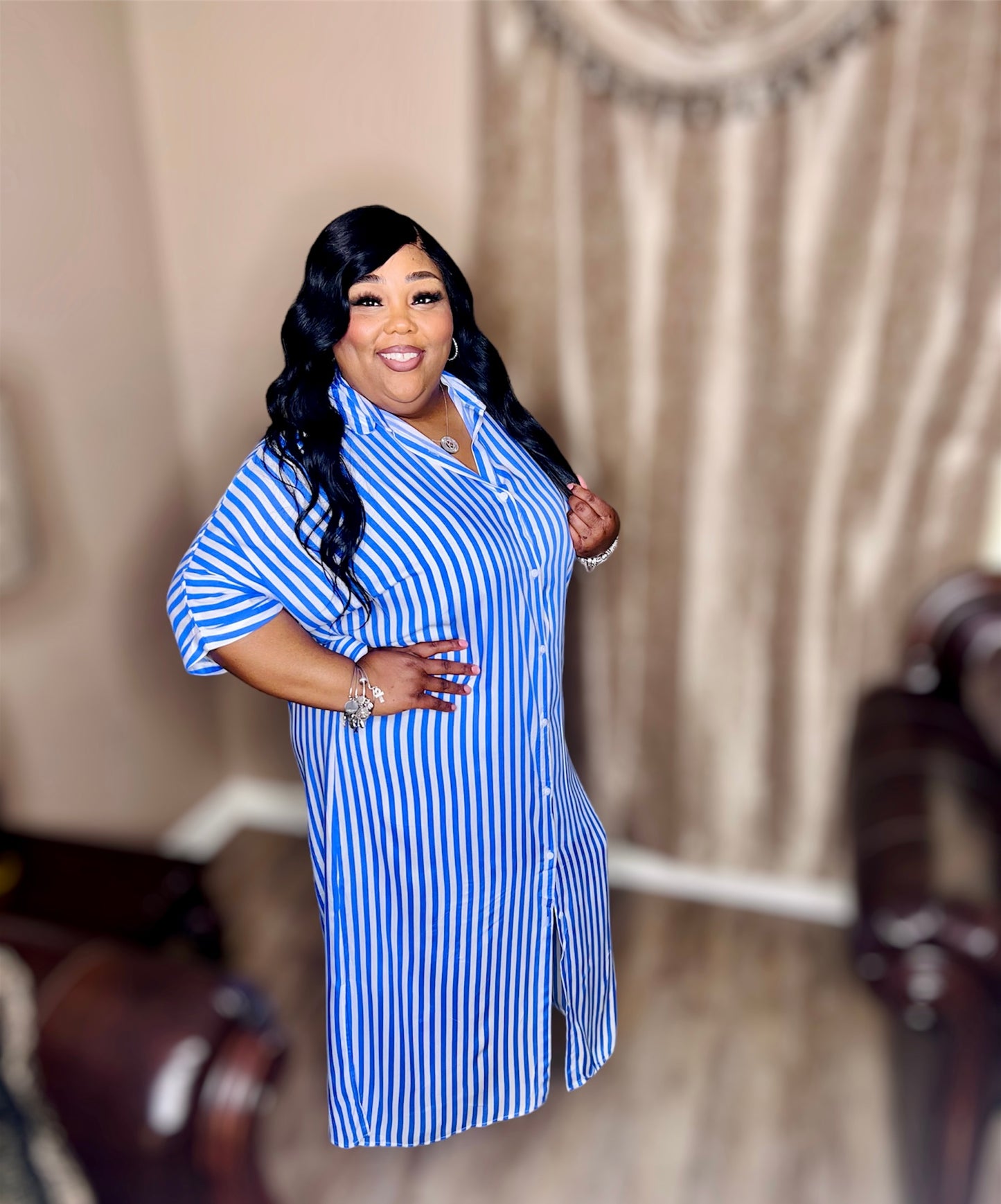 Blue Striped Button-Down Woven Shirt Dress (Kurvy)