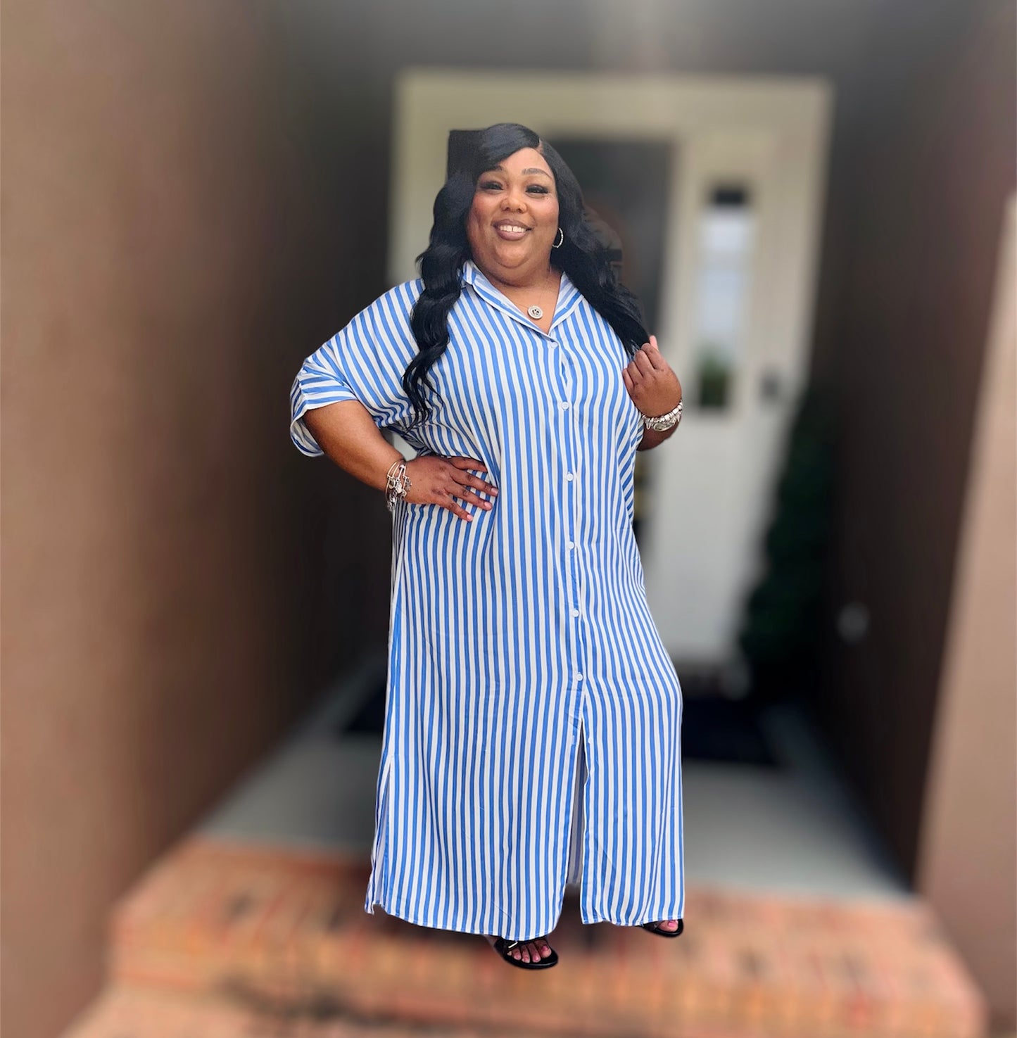 Blue Striped Button-Down Woven Shirt Dress (Kurvy)