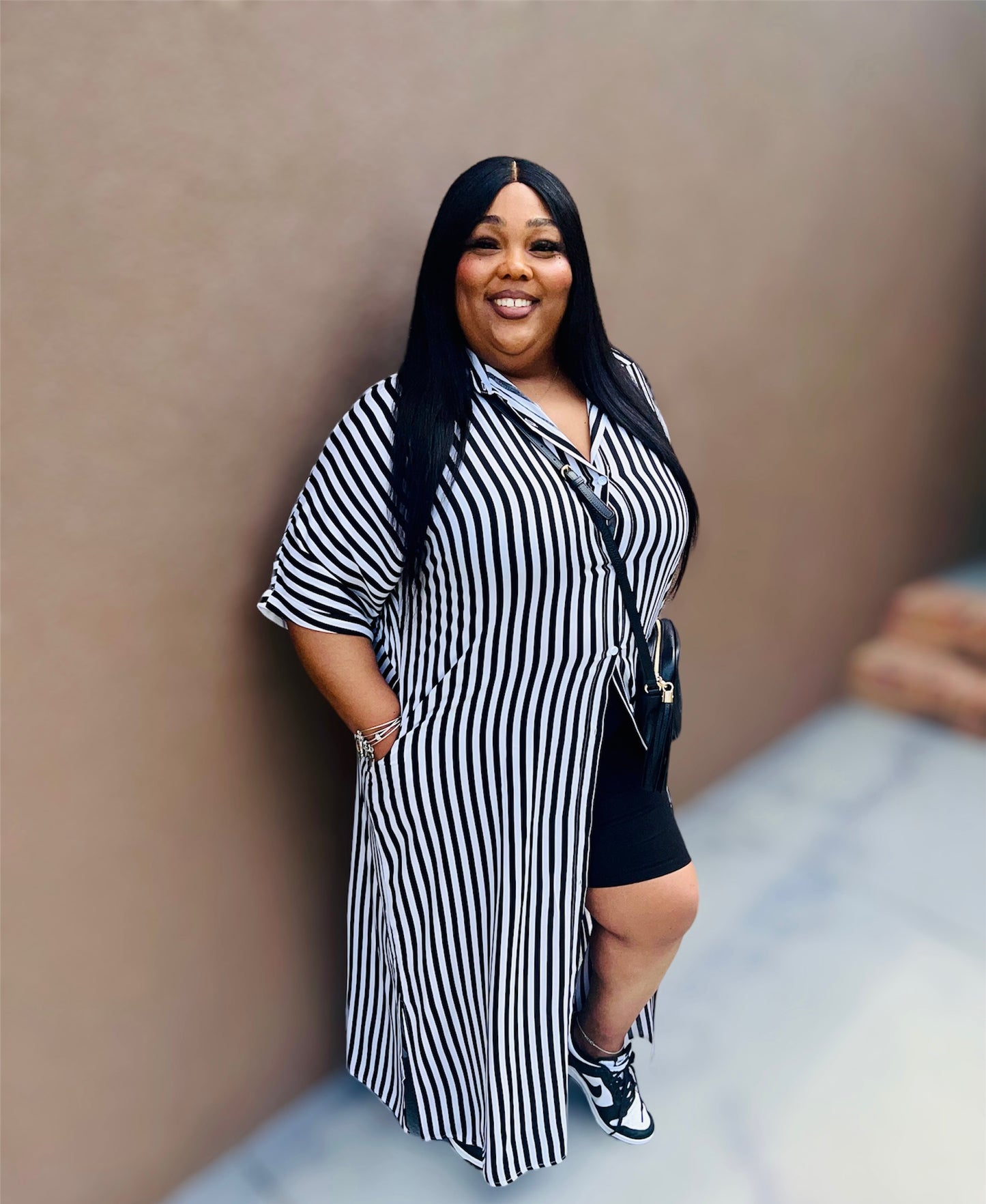 Black Striped Button-Down Woven Shirt Dress (Kurvy)