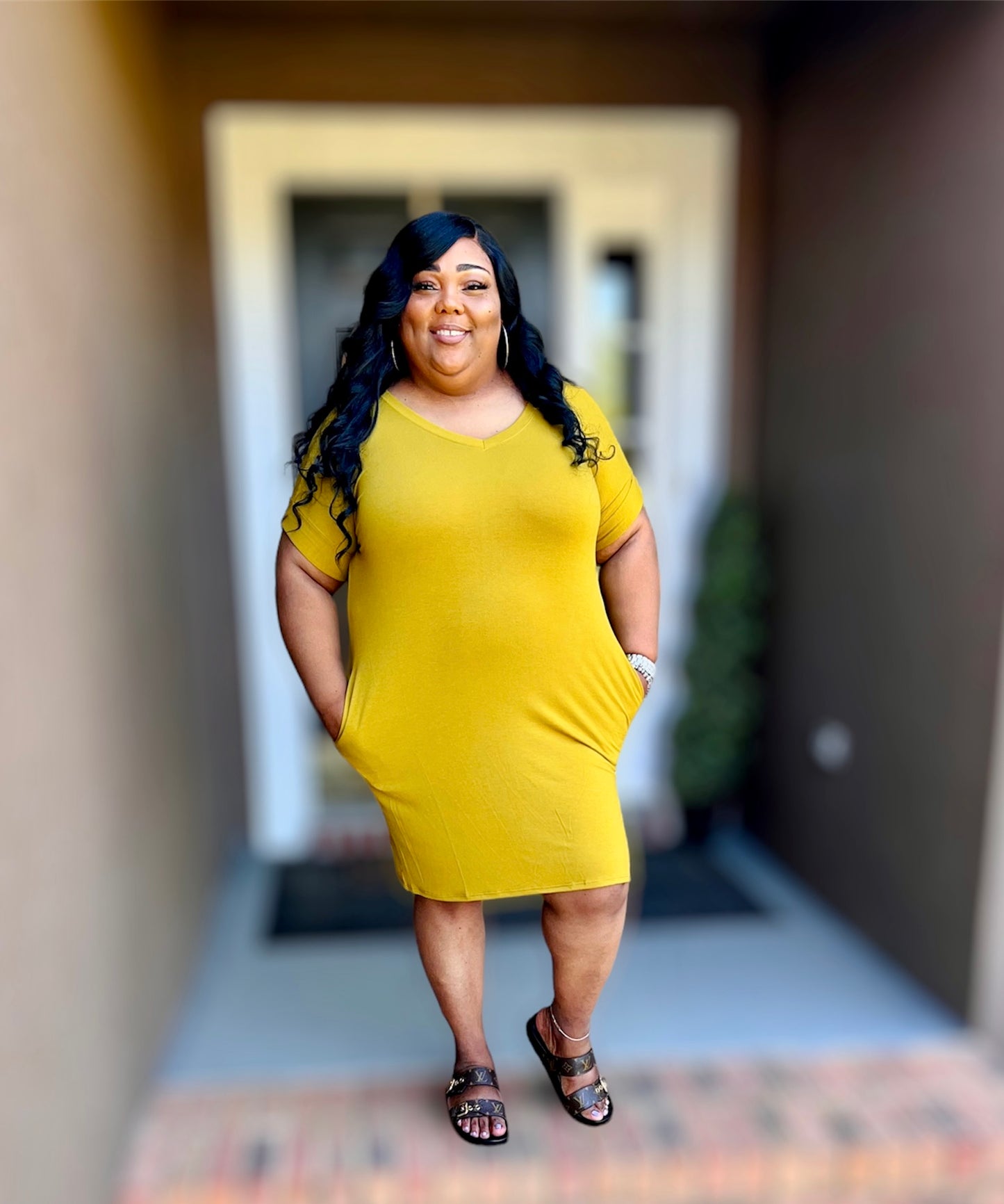 Olive Mustard V-Neck Dress (Kurvy)