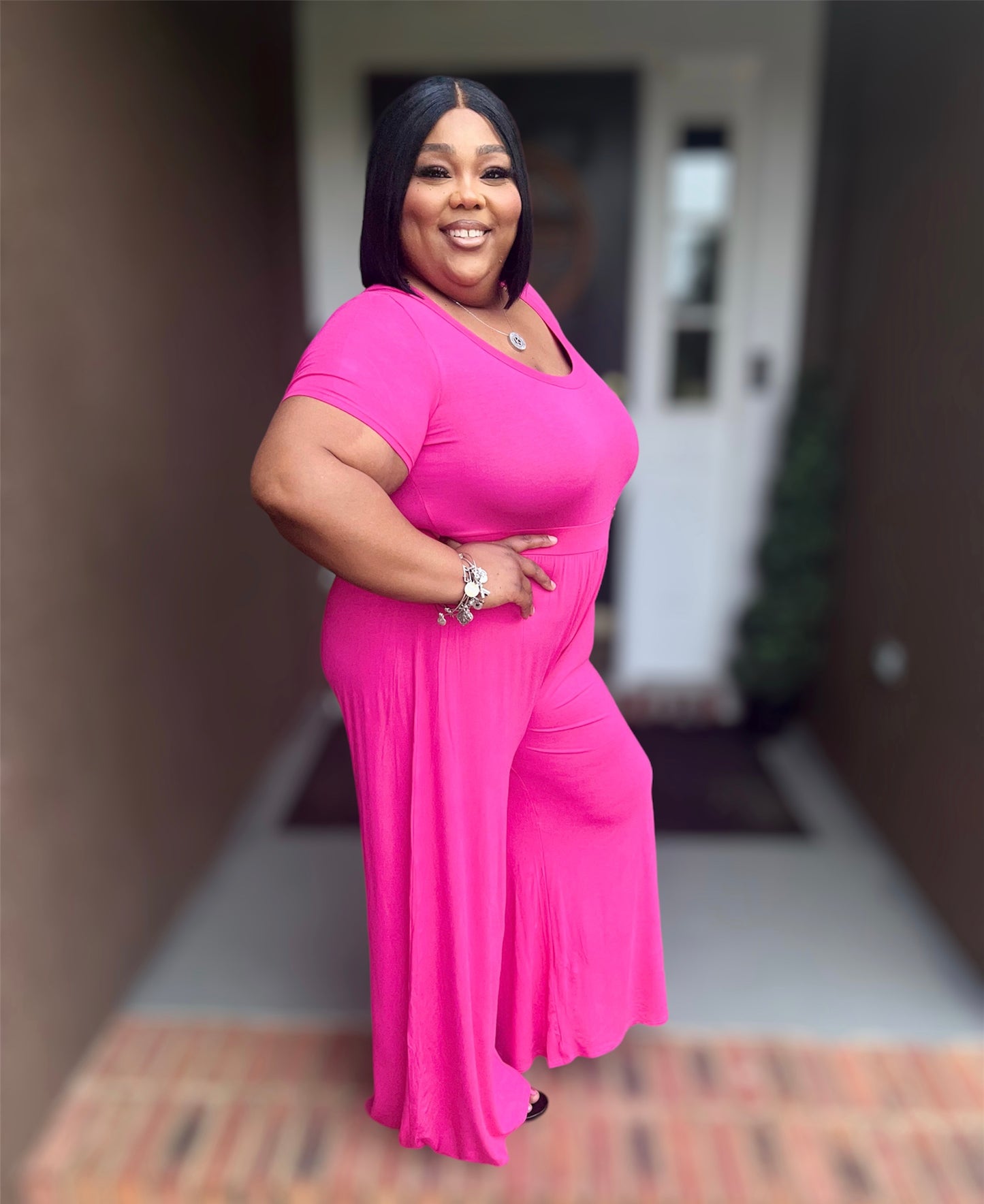 Pink High Waist Wide Leg Flair Jumpsuit (Kurvy)