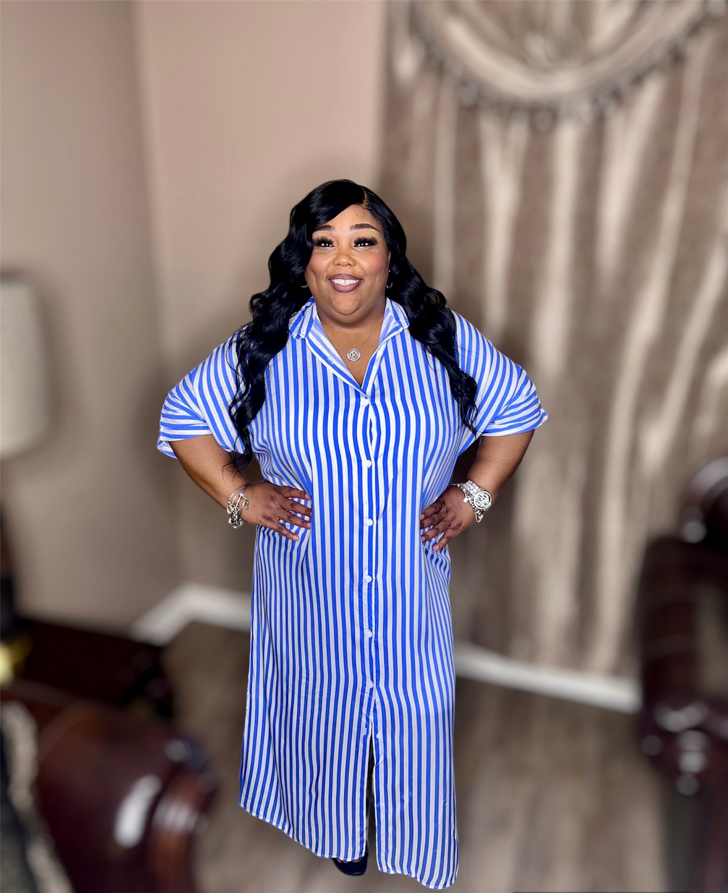 Blue Striped Button-Down Woven Shirt Dress (Kurvy)