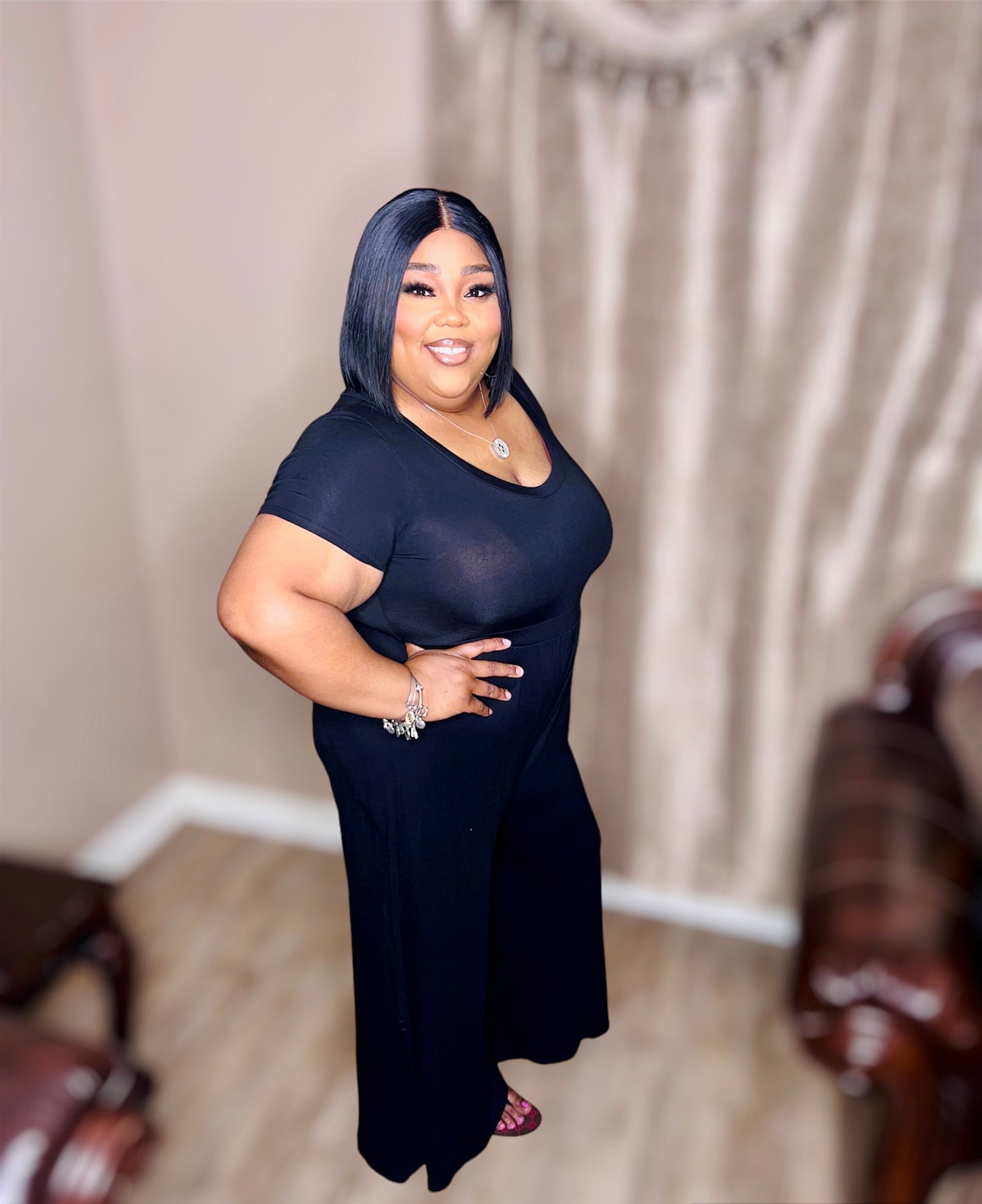 Black High Waist Wide Leg Flair Jumpsuit (Kurvy)