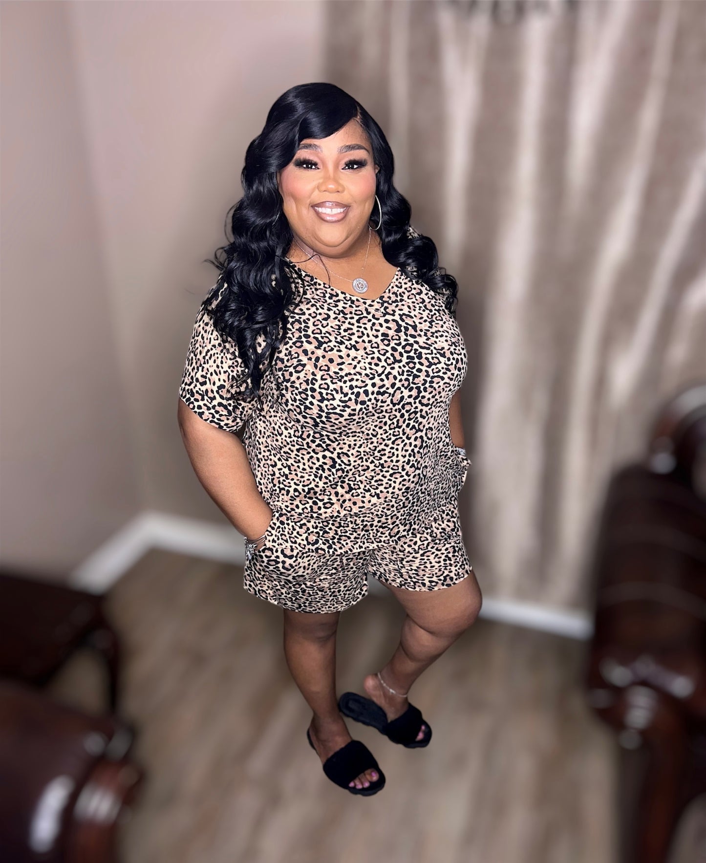 Brushed Leopard V Neck Short Set (Kurvy)