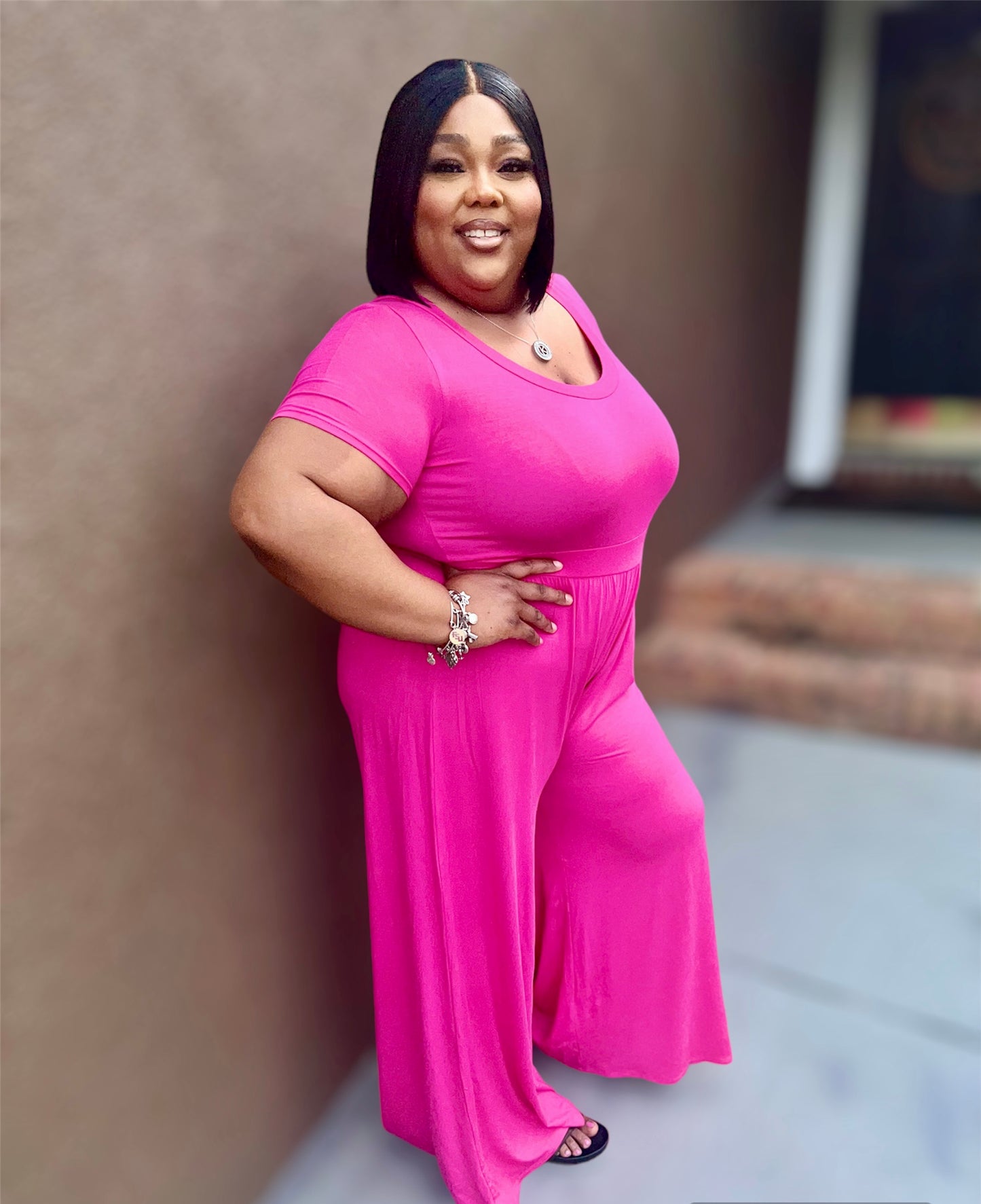 Pink High Waist Wide Leg Flair Jumpsuit (Kurvy)