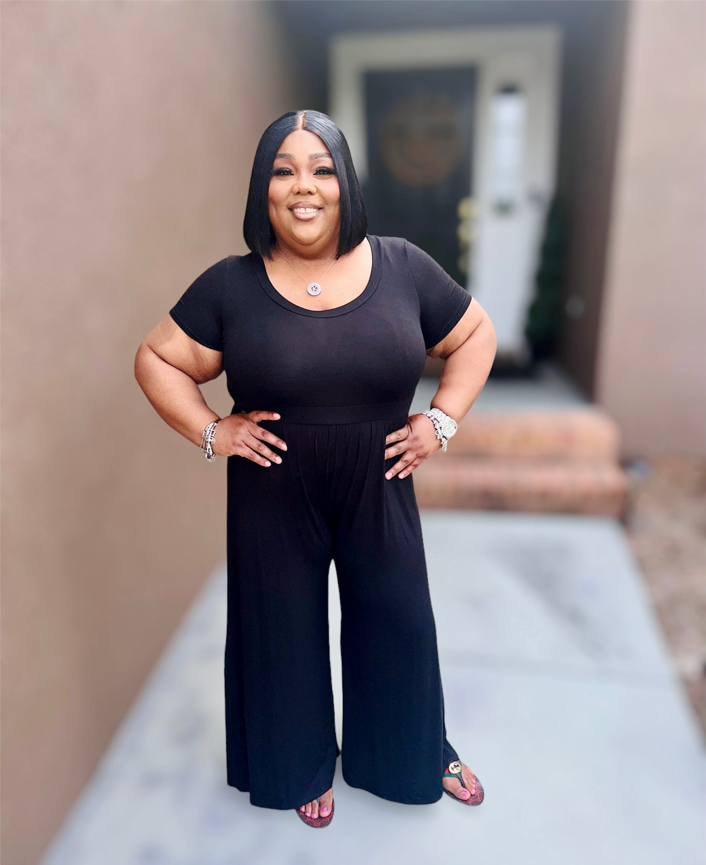Black High Waist Wide Leg Flair Jumpsuit (Kurvy)
