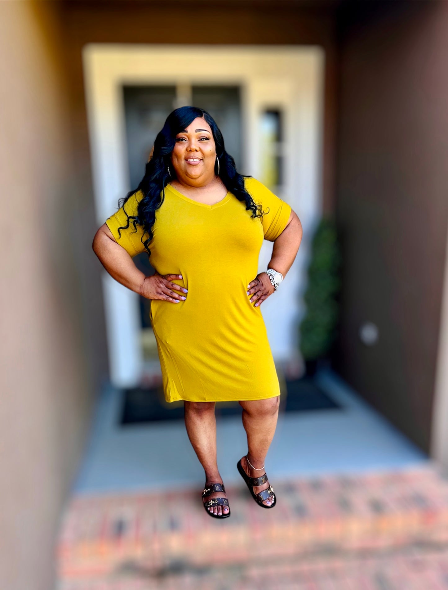 Olive Mustard V-Neck Dress (Kurvy)