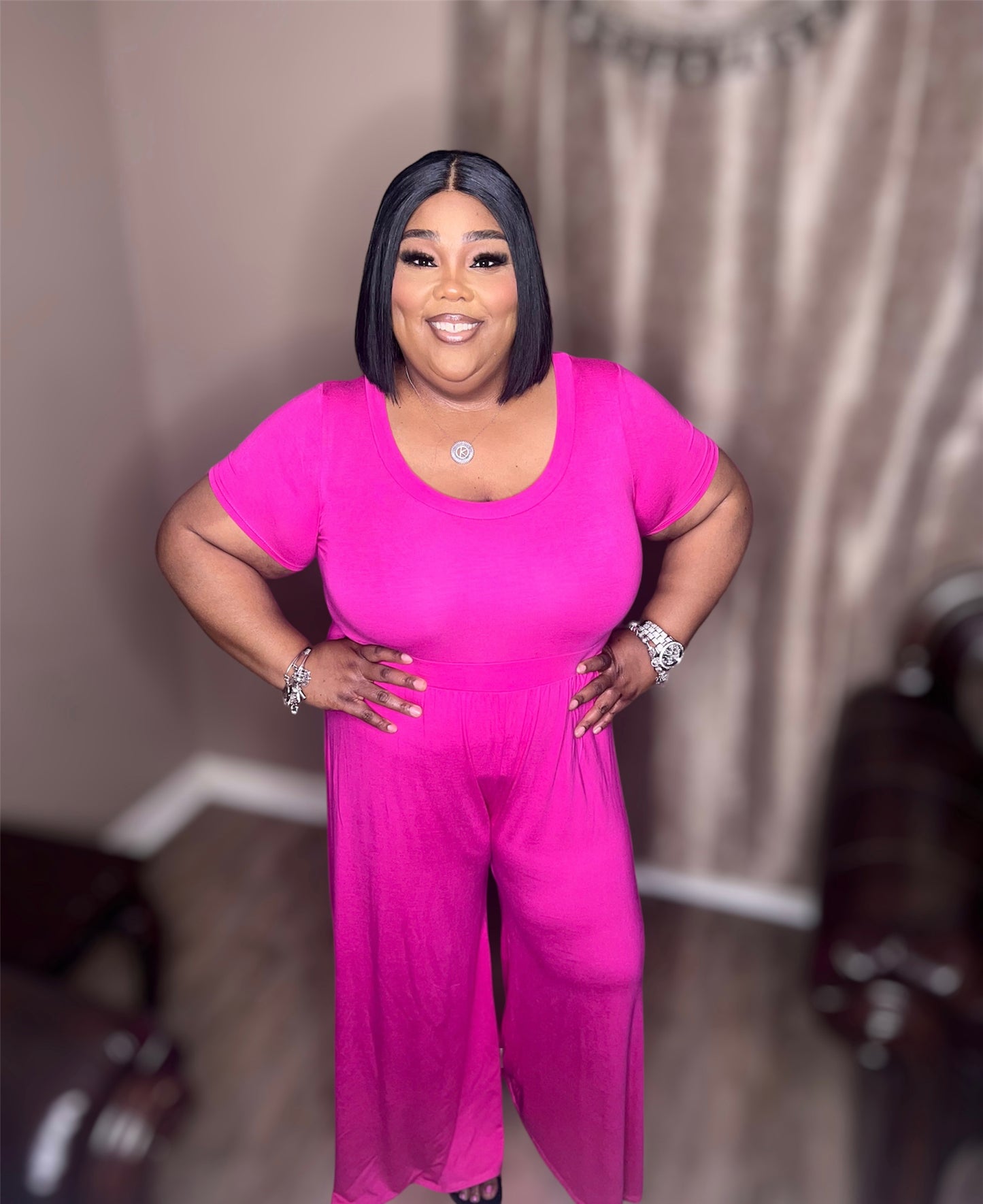 Pink High Waist Wide Leg Flair Jumpsuit (Kurvy)