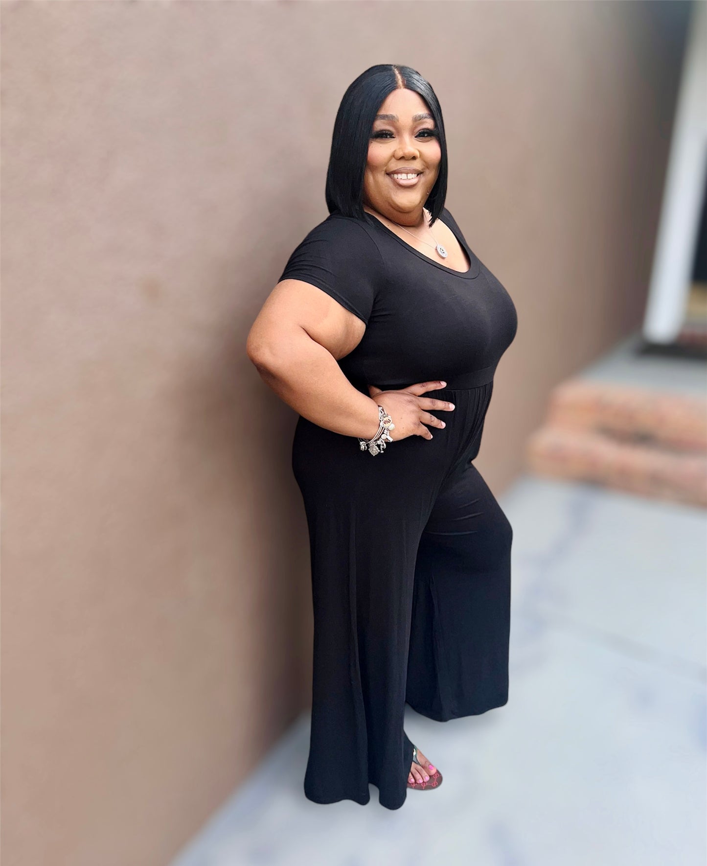 Black High Waist Wide Leg Flair Jumpsuit (Kurvy)
