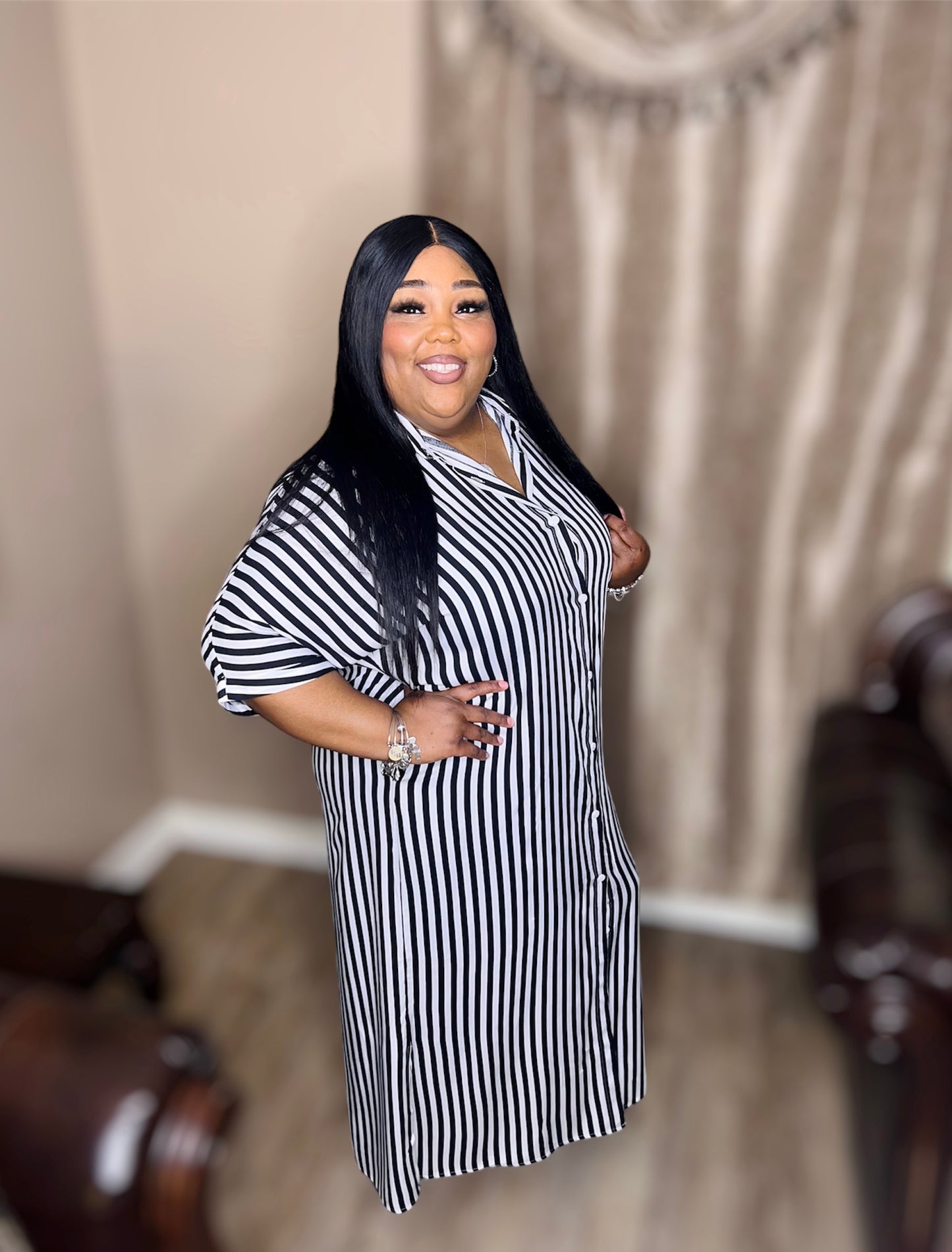 Black Striped Button-Down Woven Shirt Dress (Kurvy)