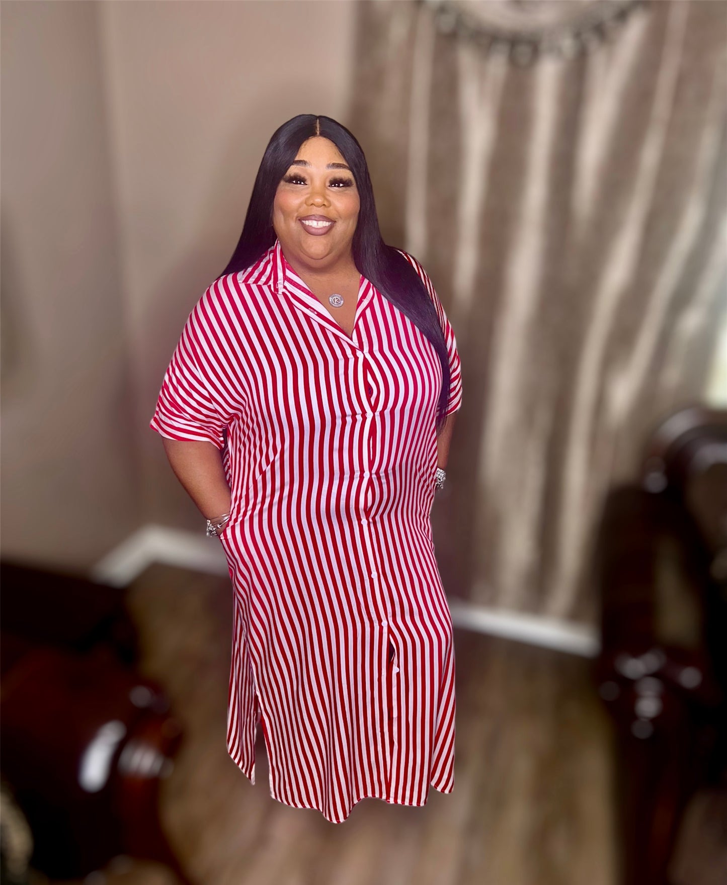 Red Striped Button-Down Woven Shirt Dress (Regular)
