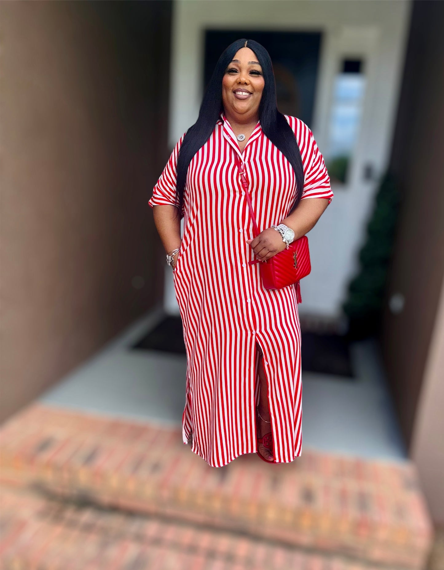 Red Striped Button-Down Woven Shirt Dress (Regular)