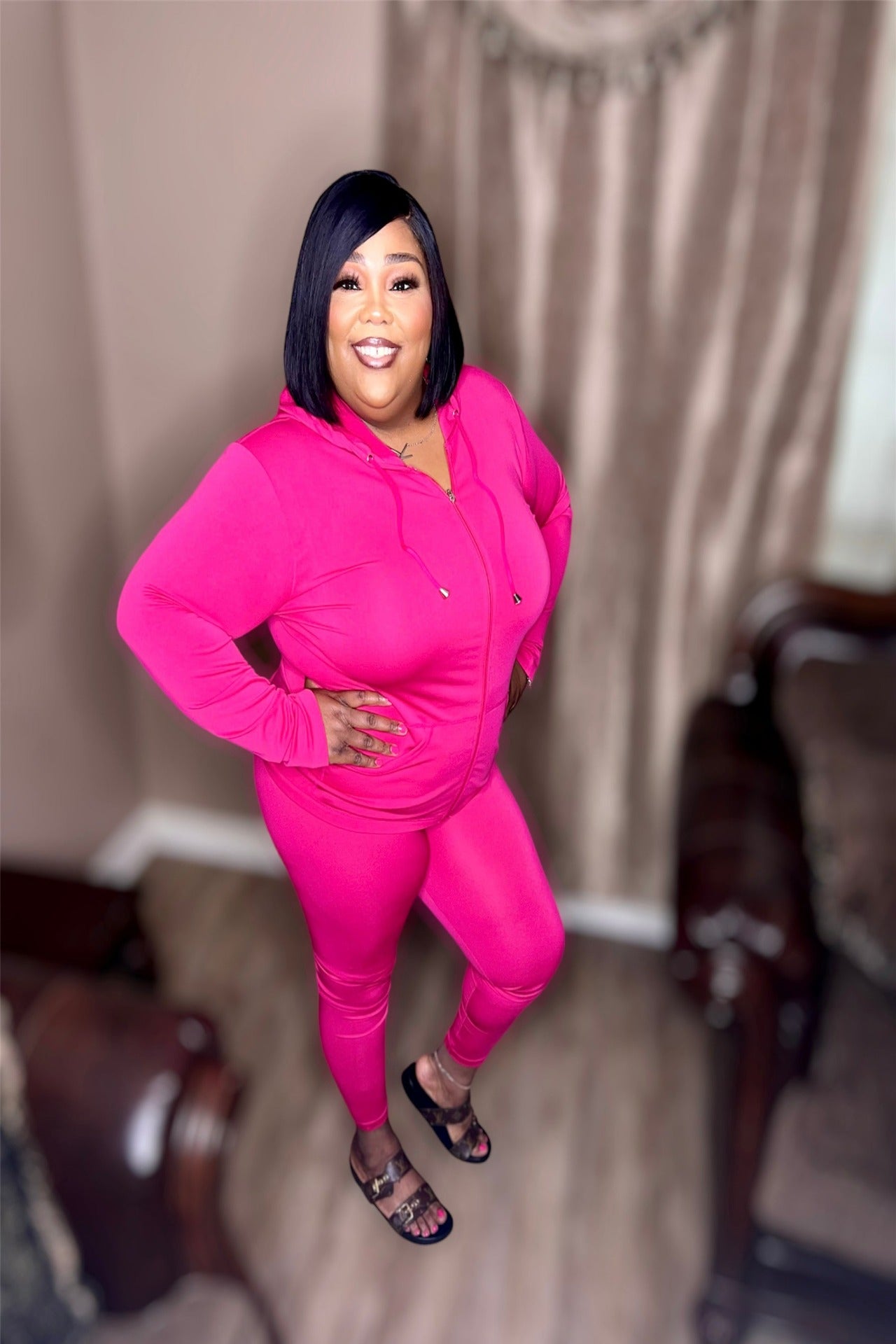 Hot Pink Seamless Zip Up Hoodie Set (Regular & Kurvy)