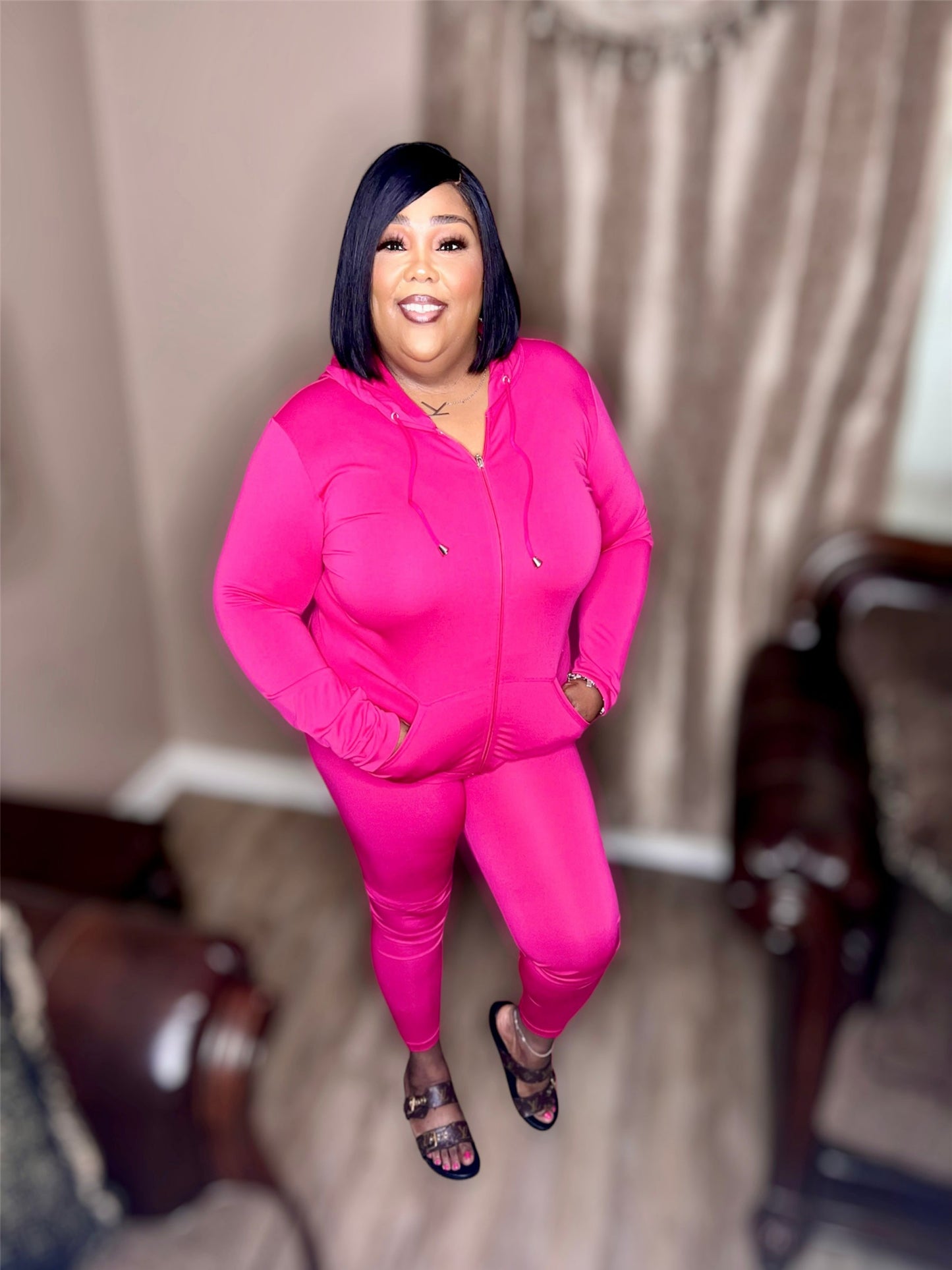 Hot Pink Seamless Zip Up Hoodie Set (Regular & Kurvy)