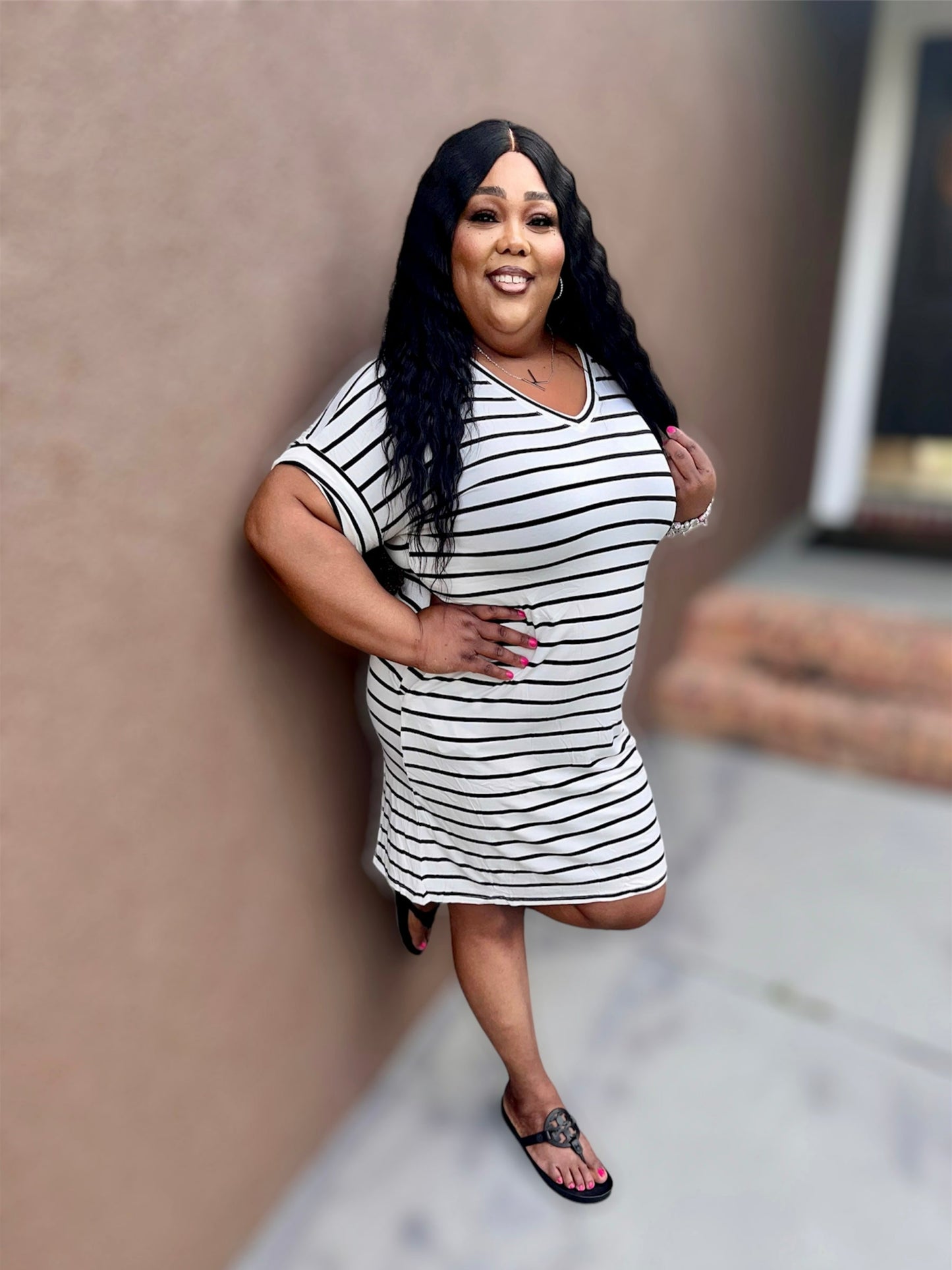 Ivory & Black Stripe Rolled Short Sleeve V-Neck Dress (Regular & Kurvy)