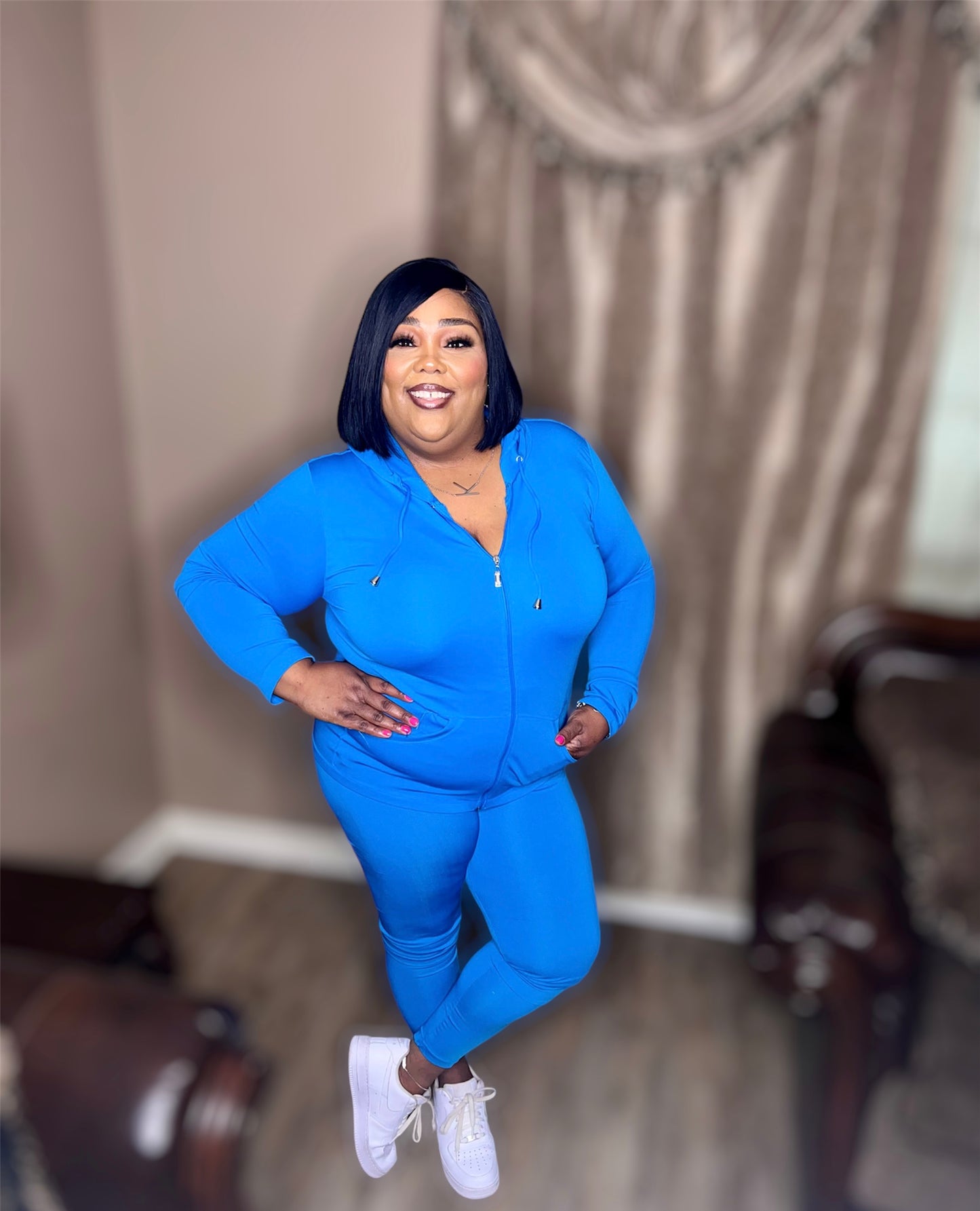 Turquoise Seamless Zip Up Hoodie Set (Regular & Kurvy)