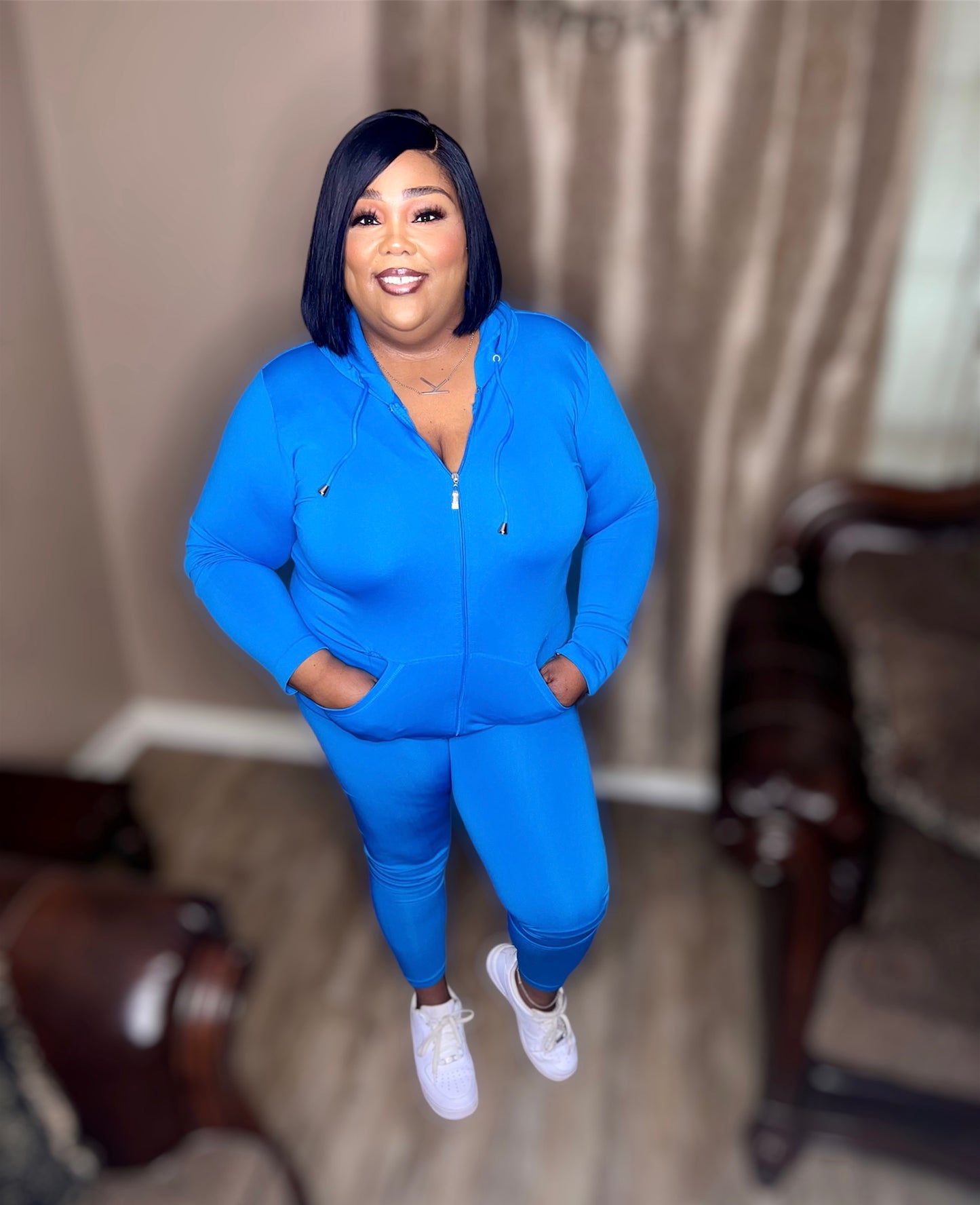 Turquoise Seamless Zip Up Hoodie Set (Regular & Kurvy)