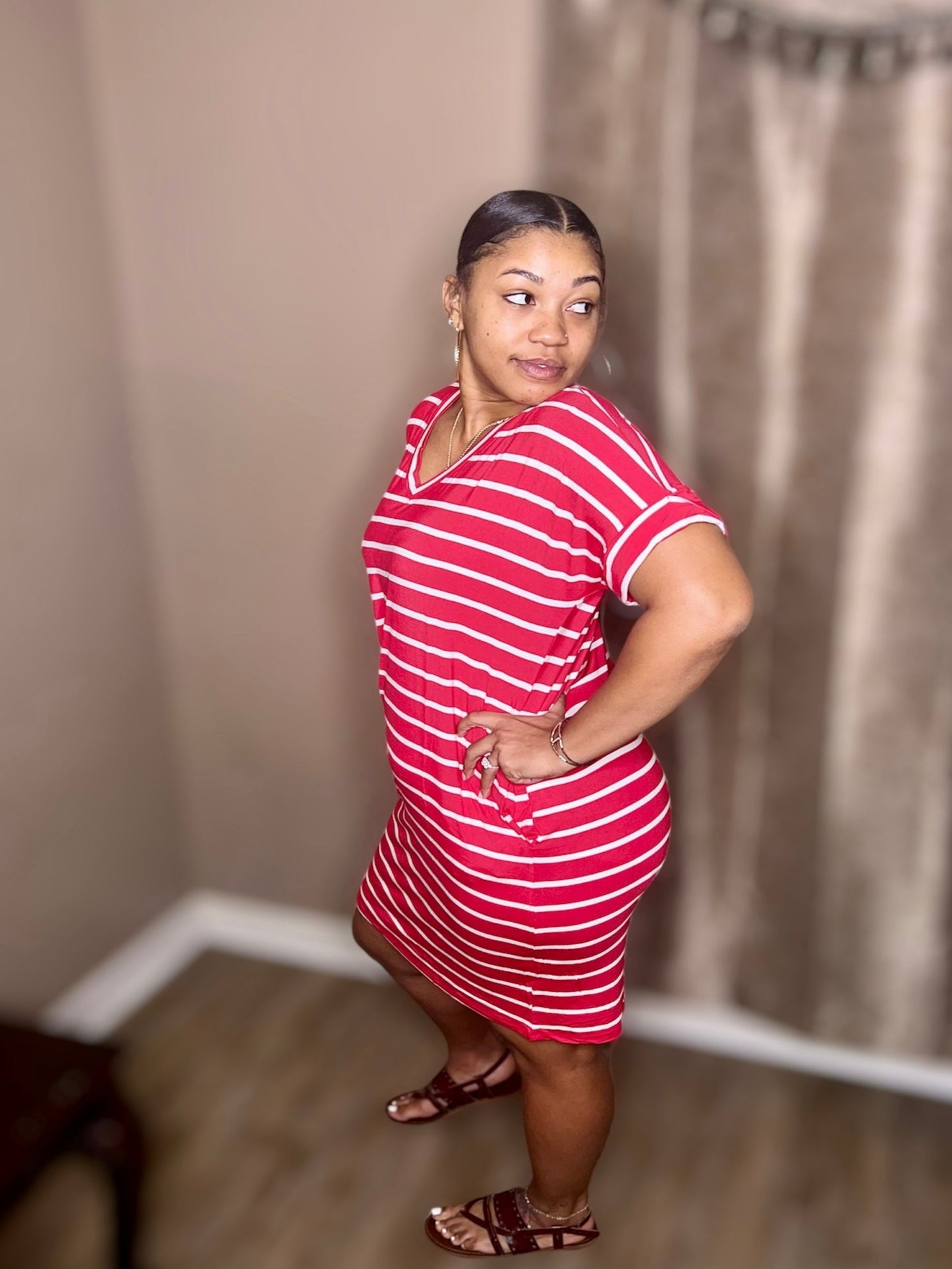 Red Stripe Rolled Short Sleeve V-Neck Dress (Regular & Kurvy)
