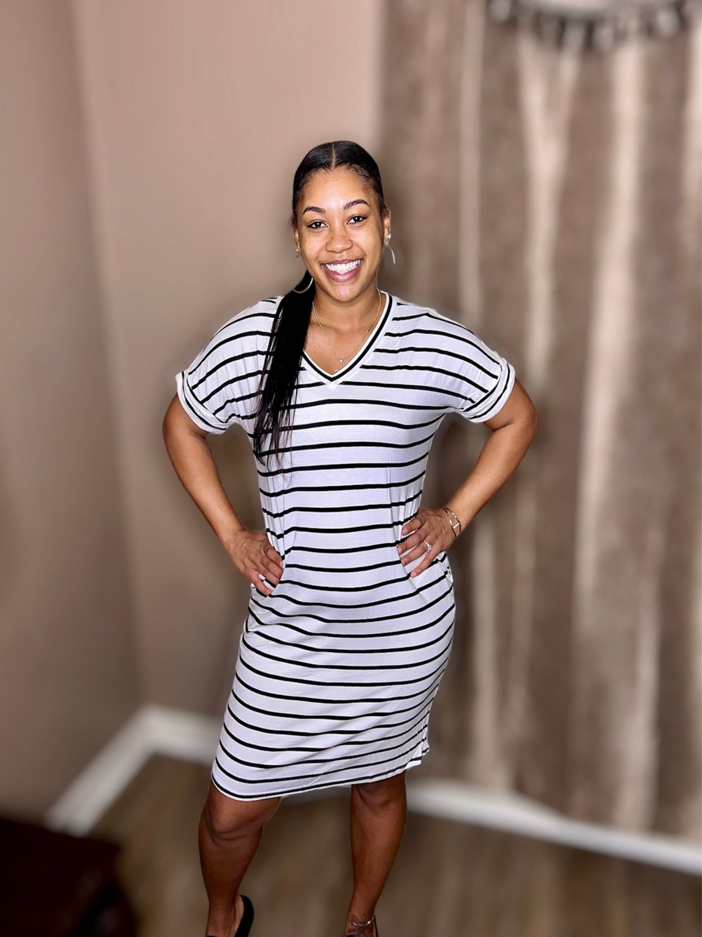 Ivory & Black Stripe Rolled Short Sleeve V-Neck Dress (Regular & Kurvy)