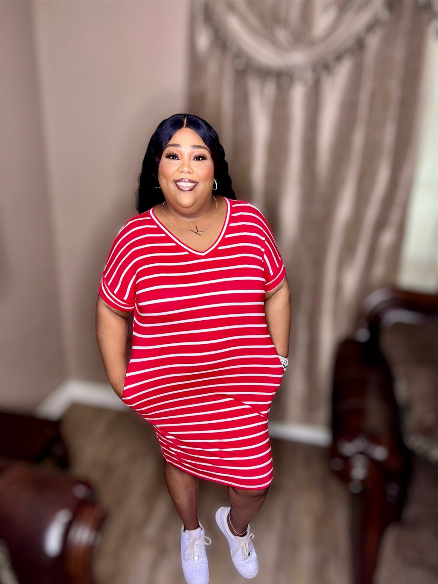 Red Stripe Rolled Short Sleeve V-Neck Dress (Regular & Kurvy)