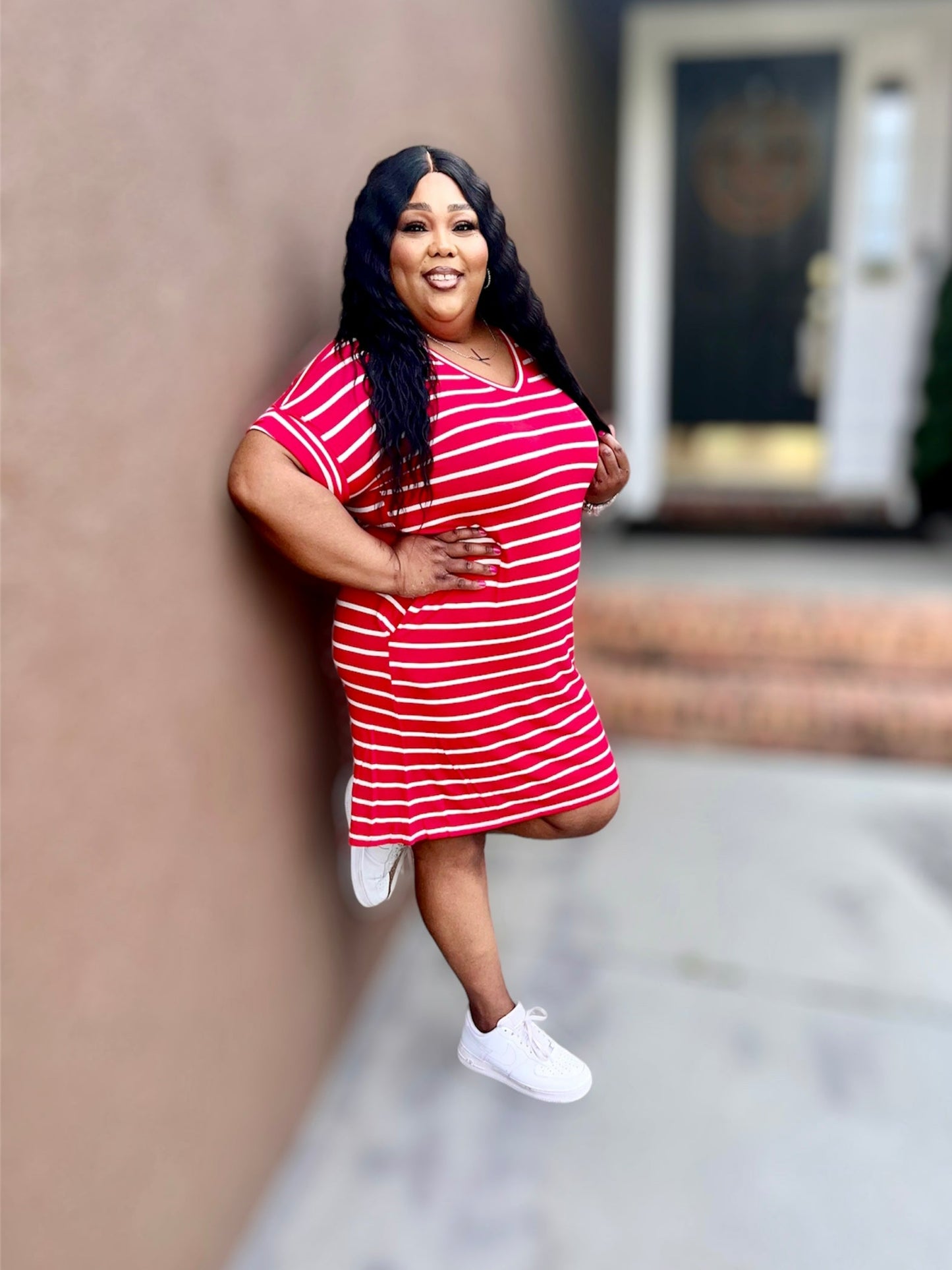 Red Stripe Rolled Short Sleeve V-Neck Dress (Regular & Kurvy)