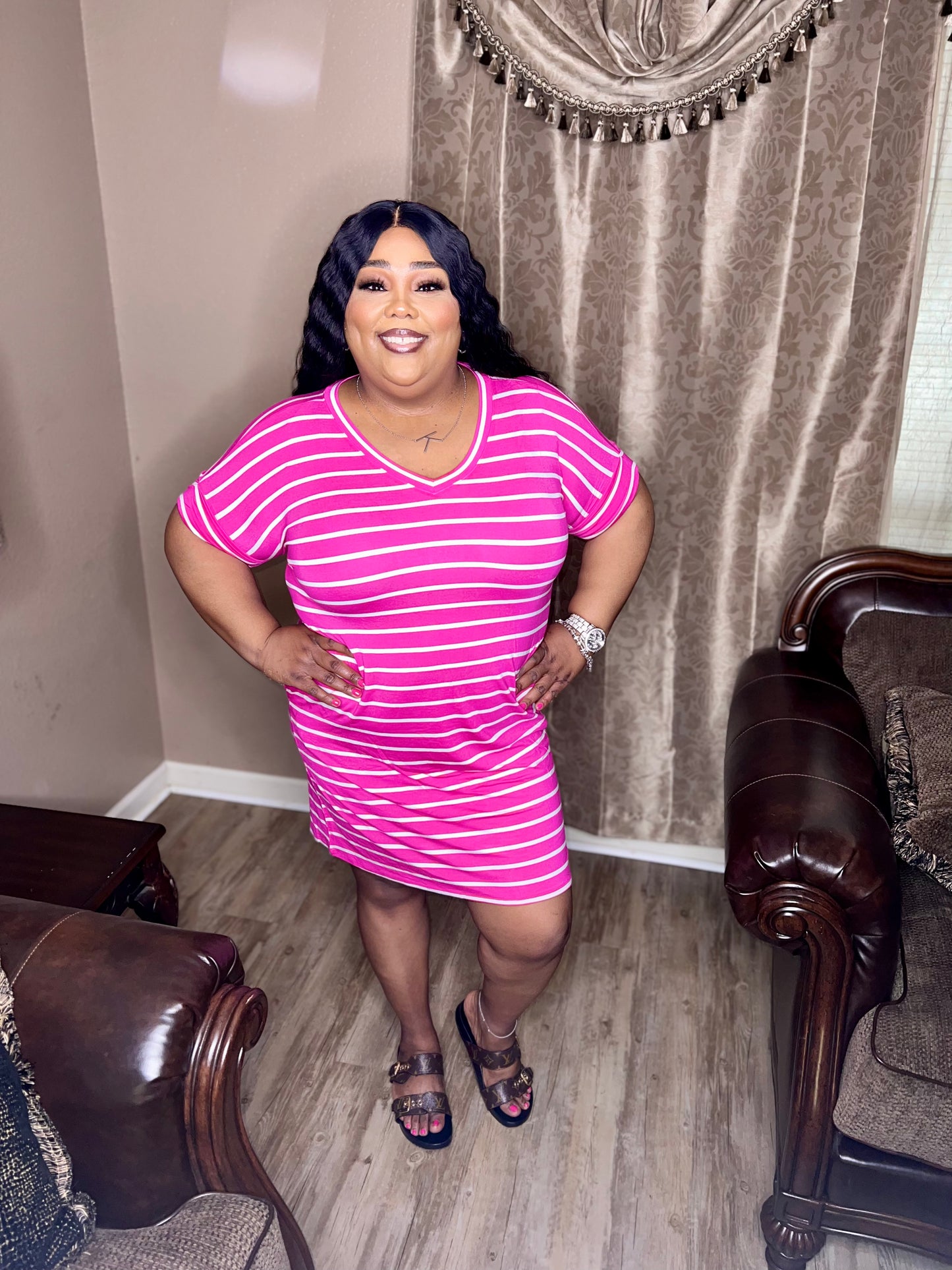 Pink Stripe Rolled Short Sleeve V-Neck Dress (Regular & Kurvy)