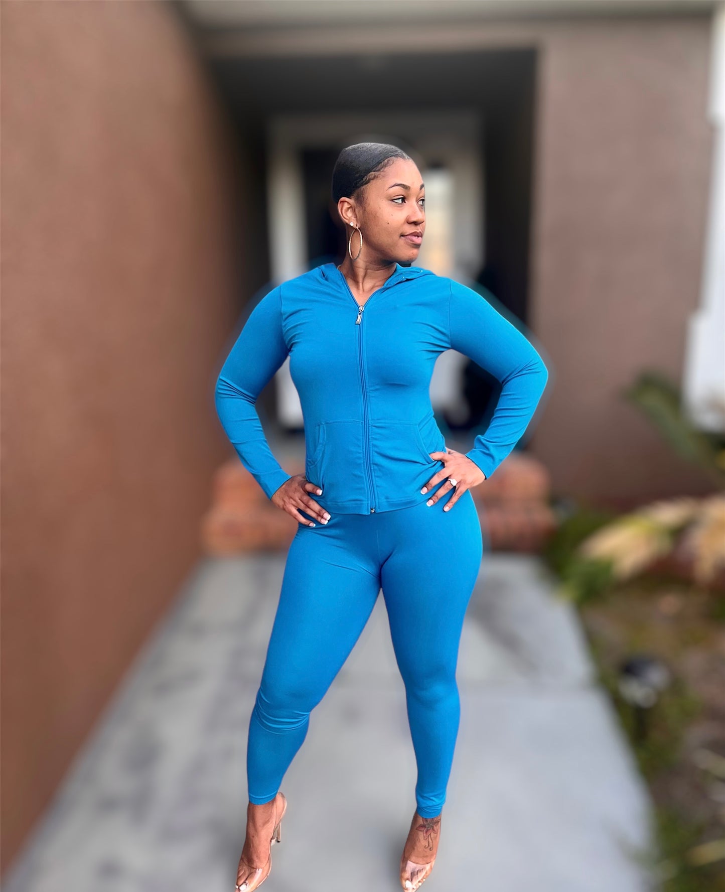 Turquoise Seamless Zip Up Hoodie Set (Regular & Kurvy)