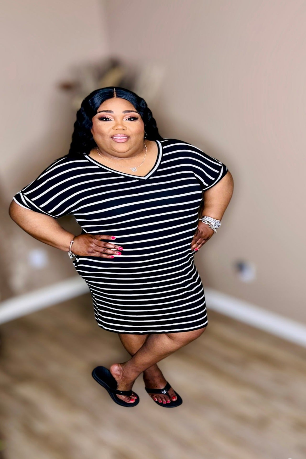 Black & White Stripe Rolled Short Sleeve V-Neck Dress (Regular & Kurvy)