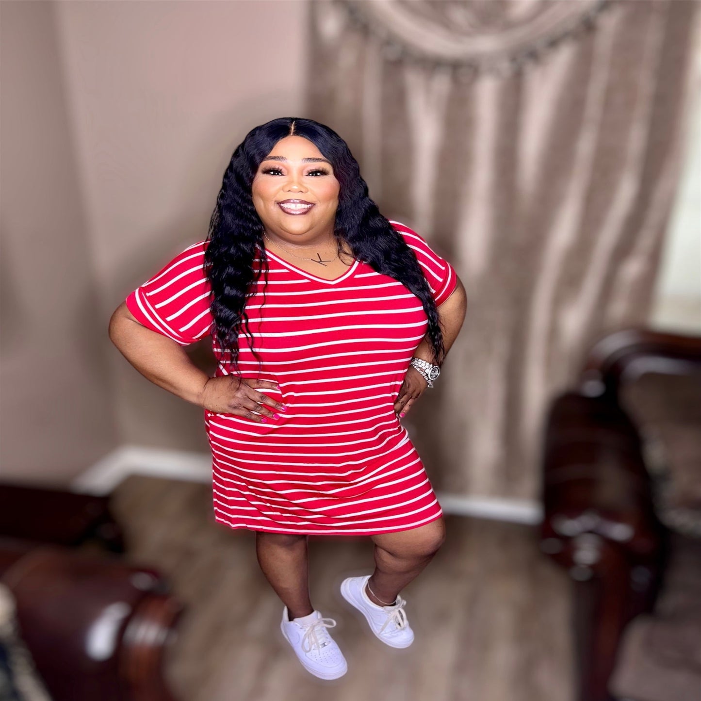 Red Stripe Rolled Short Sleeve V-Neck Dress (Regular & Kurvy)
