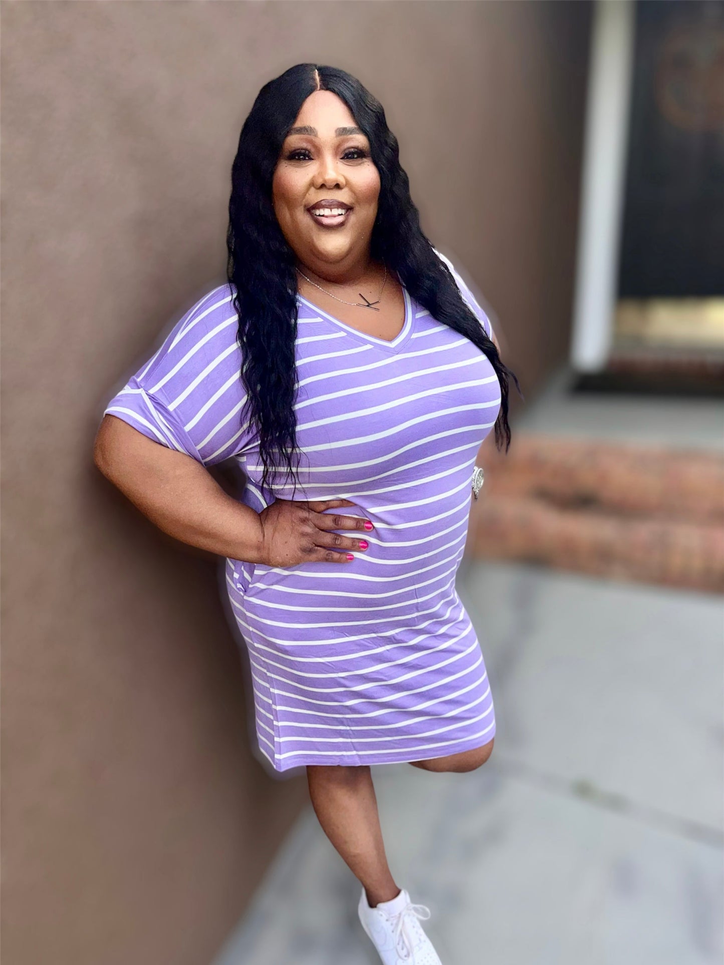 Lavendar Stripe Rolled Short Sleeve V-Neck Dress (Regular & Kurvy)